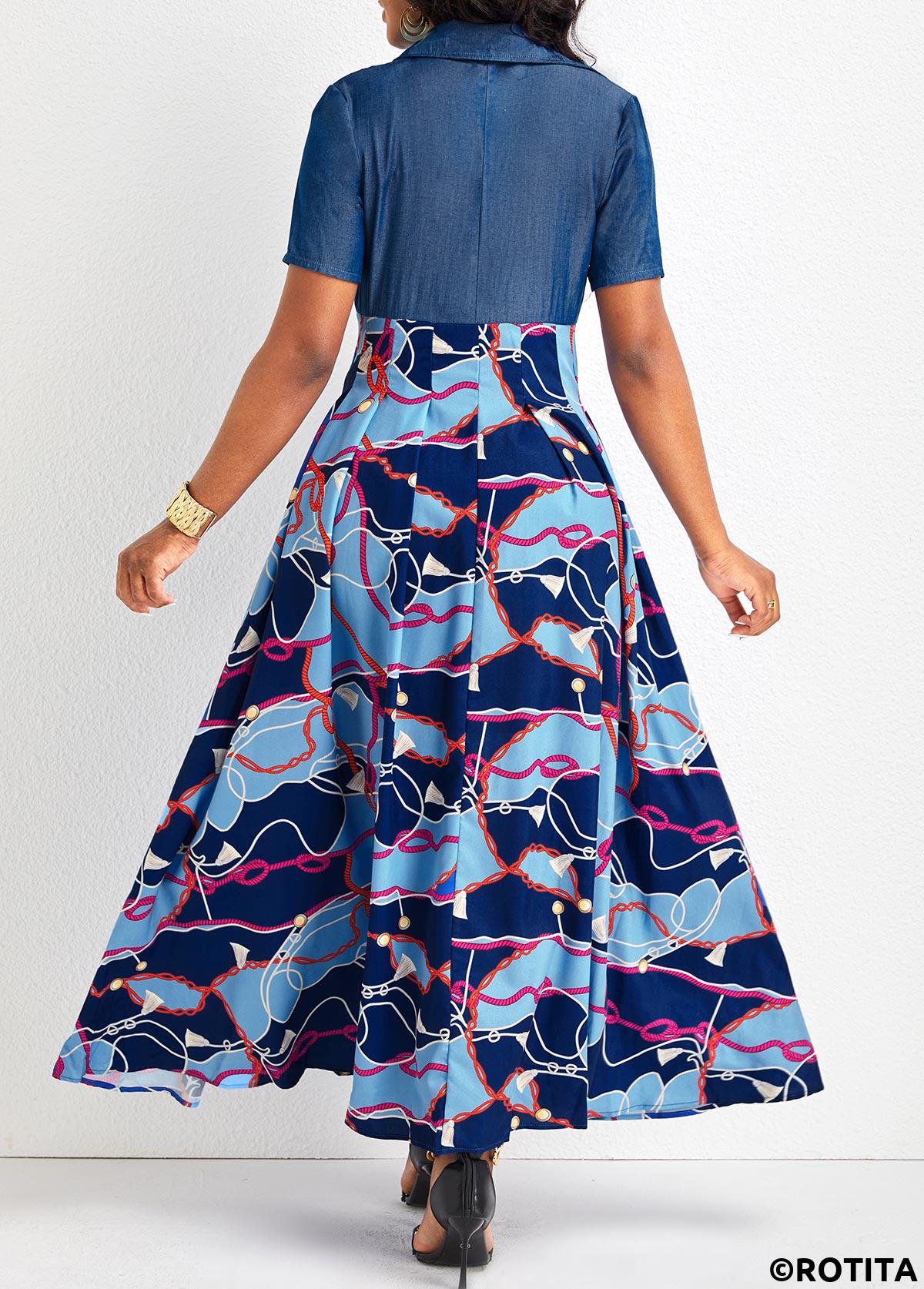 Denim Blue dresses,Tribal dresses,Geometric dresses,Party dresses,Elegant dresses,ROTITA Button Chain Print Denim Blue Maxi Dress