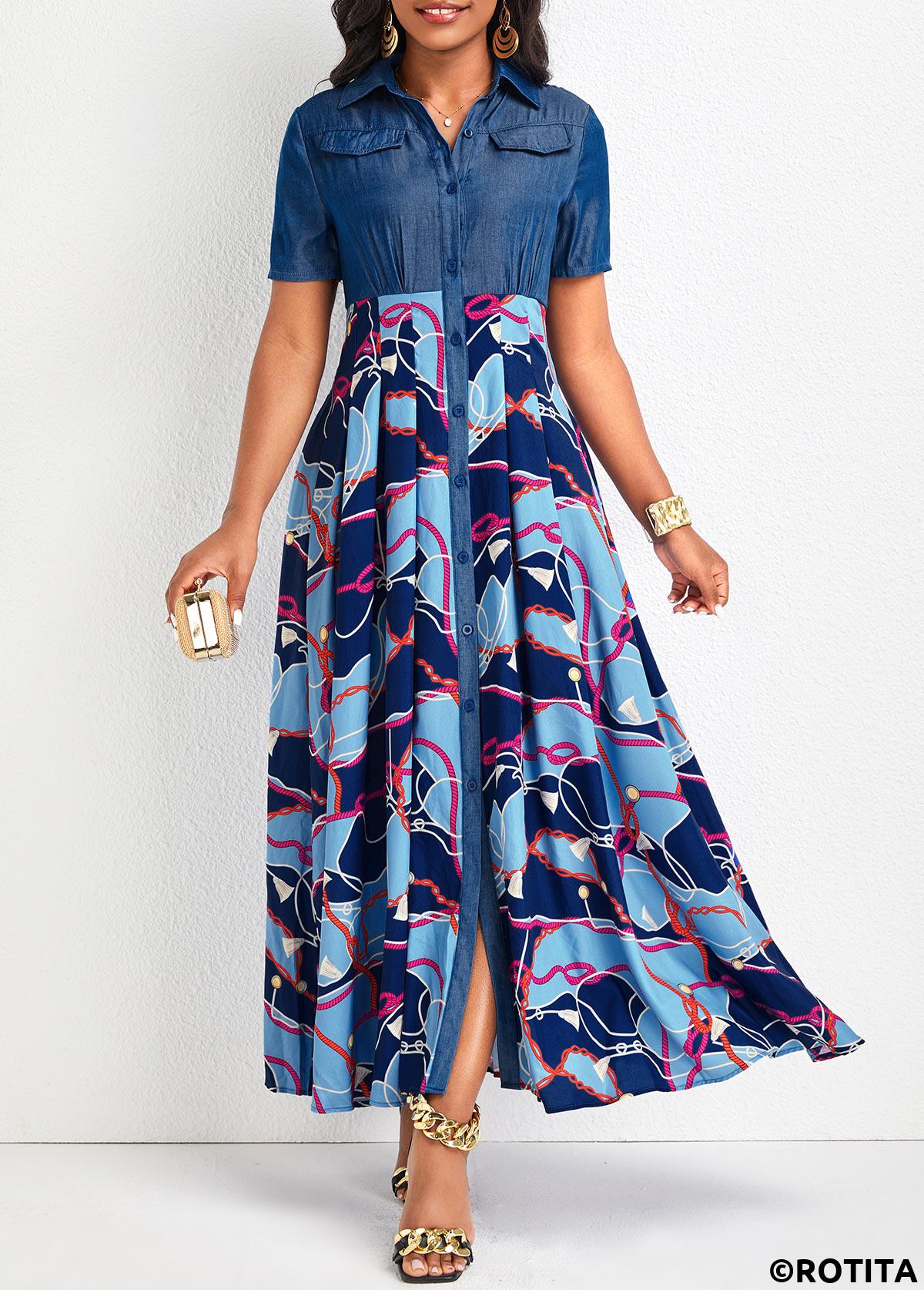 Denim Blue dresses,Tribal dresses,Geometric dresses,Party dresses,Elegant dresses,ROTITA Button Chain Print Denim Blue Maxi Dress