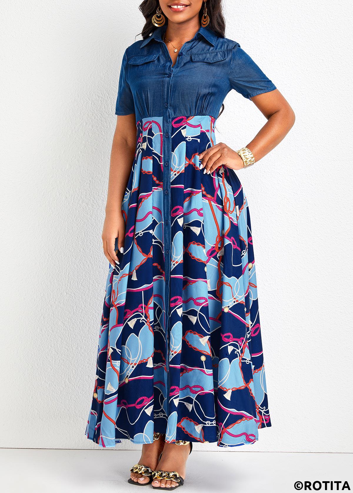 Denim Blue dresses,Tribal dresses,Geometric dresses,Party dresses,Elegant dresses,ROTITA Button Chain Print Denim Blue Maxi Dress