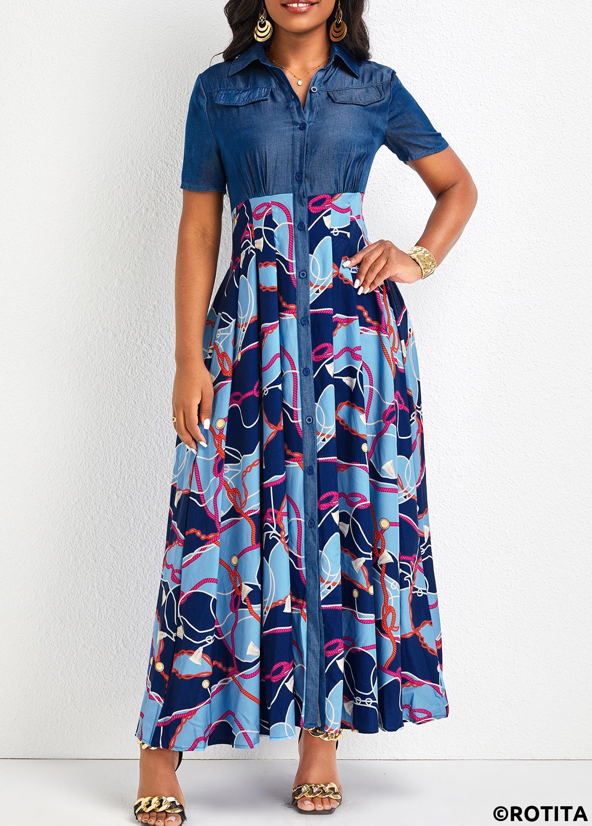Denim Blue dresses,Tribal dresses,Geometric dresses,Party dresses,Elegant dresses,ROTITA Button Chain Print Denim Blue Maxi Dress