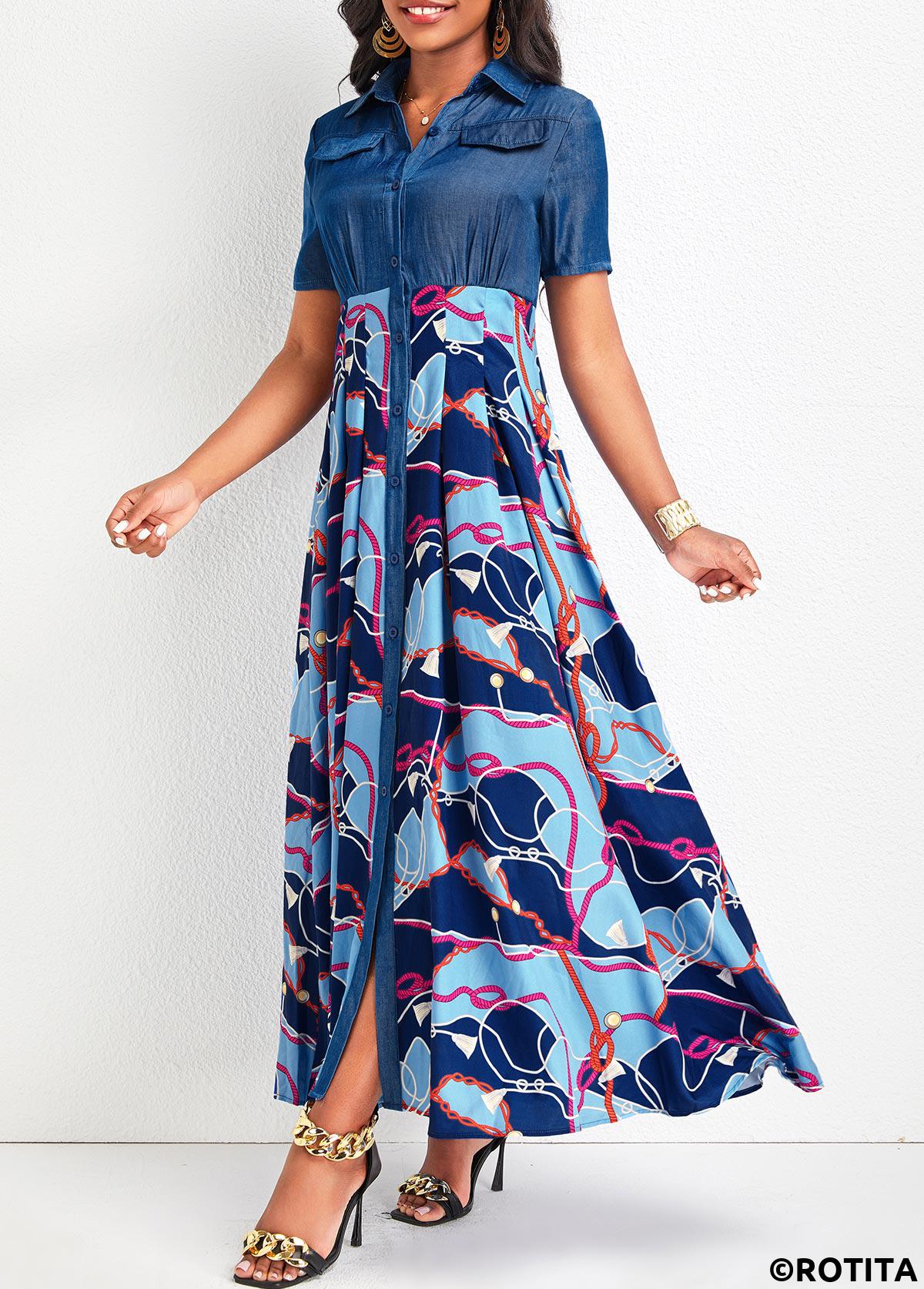 Denim Blue dresses,Tribal dresses,Geometric dresses,Party dresses,Elegant dresses,ROTITA Button Chain Print Denim Blue Maxi Dress