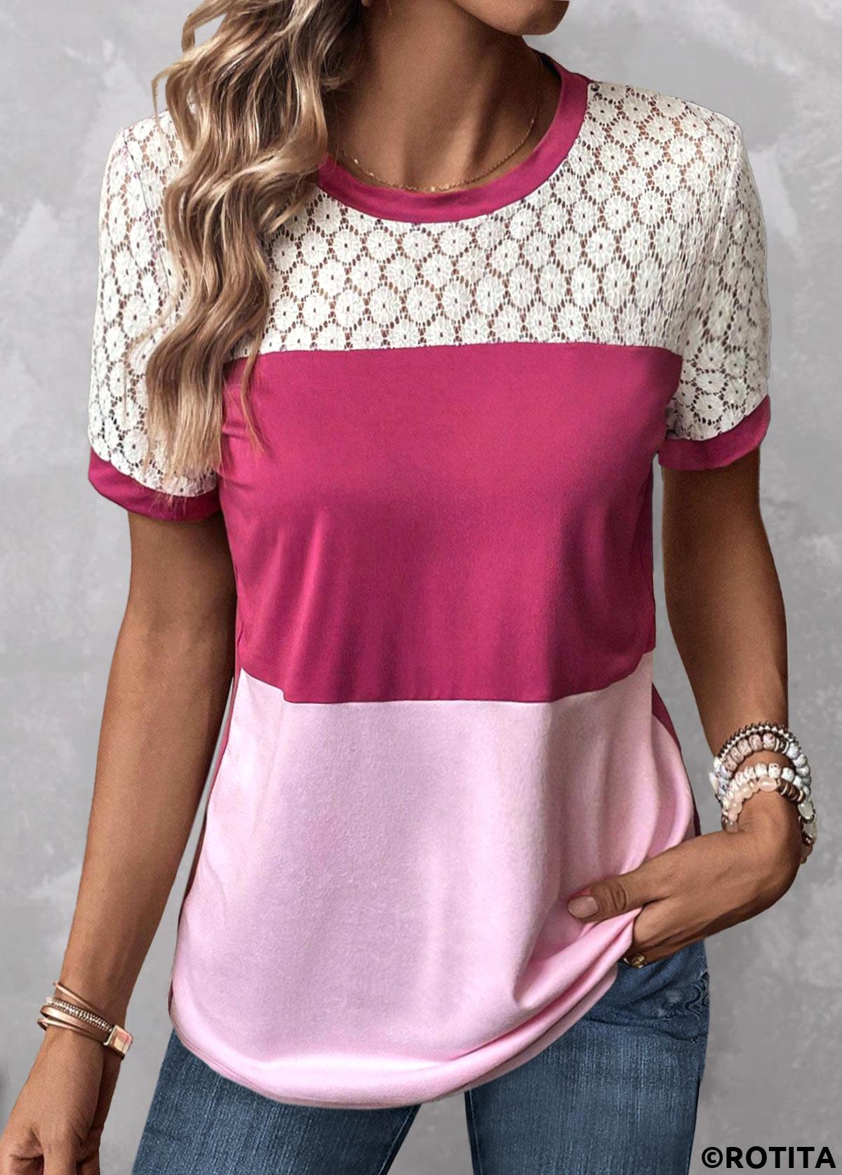 Pink tops,Contrast Color tops,ROTITA Patchwork Pink Round Neck Short Sleeve T Shirt