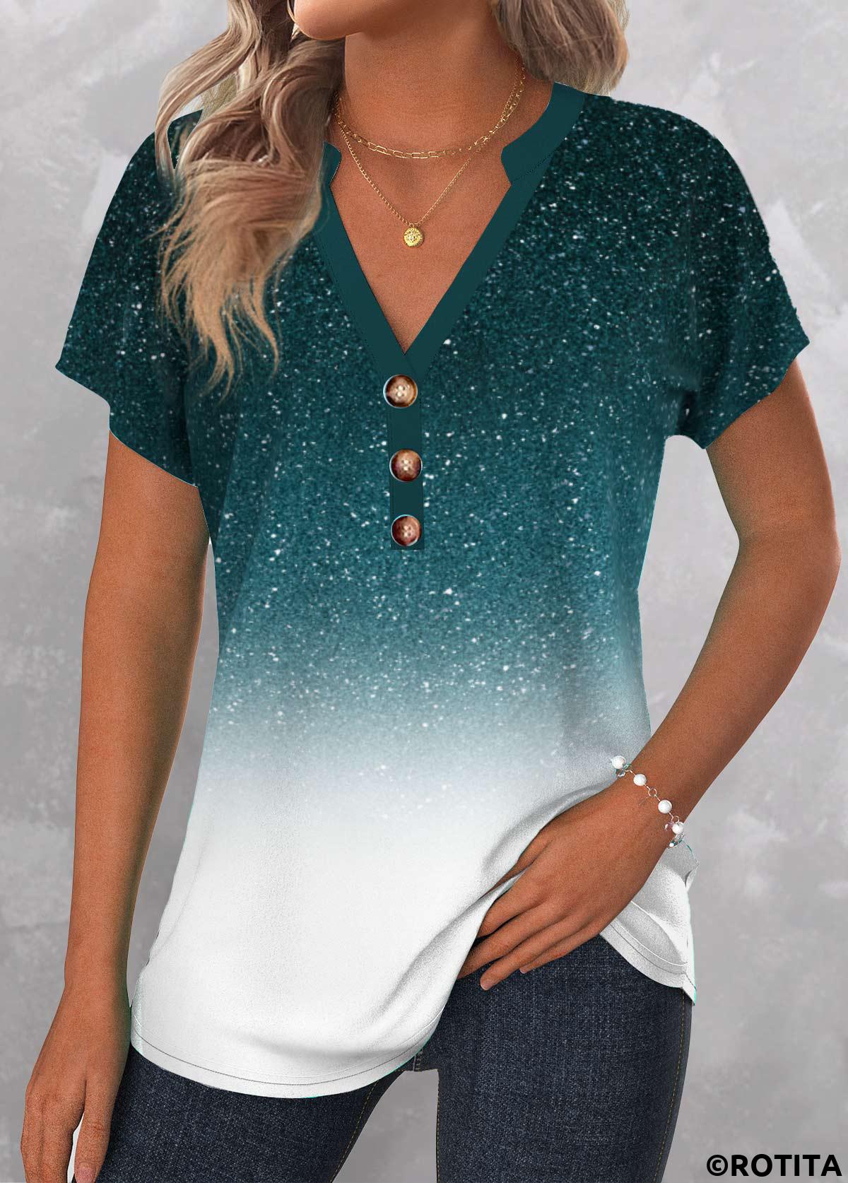 Turquoise tops,White tops,Ombre tops,ROTITA Button Ombre Turquoise V Neck Short Sleeve Blouse