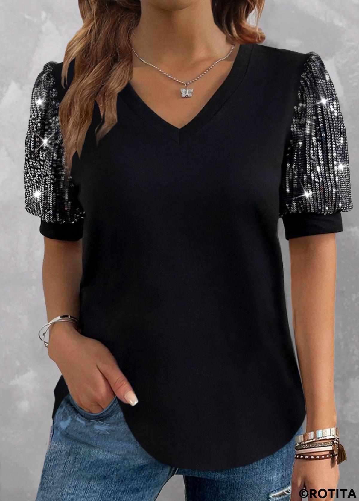 Black plus size,Plain Color plus size,ROTITA Plus Size Sequin Black V Neck T Shirt