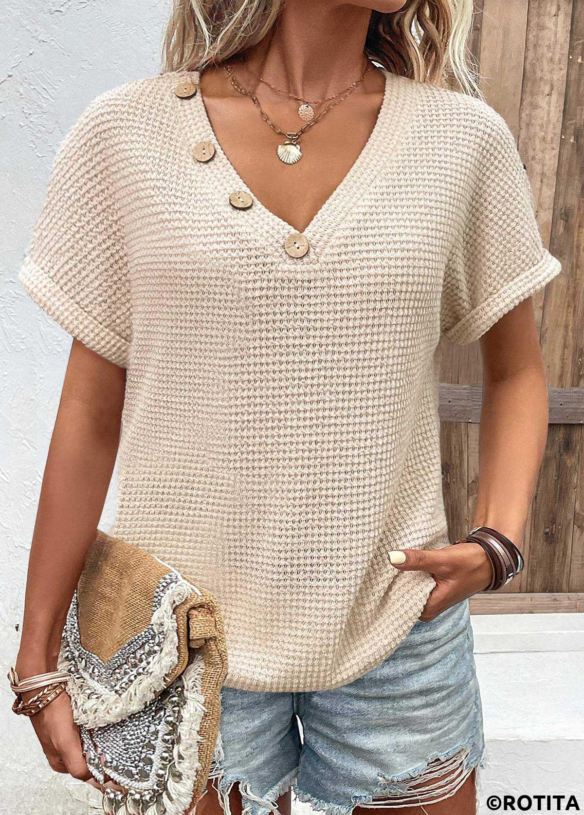 Beige tops,Plain Color tops,ROTITA Button Beige V Neck Short Sleeve Blouse