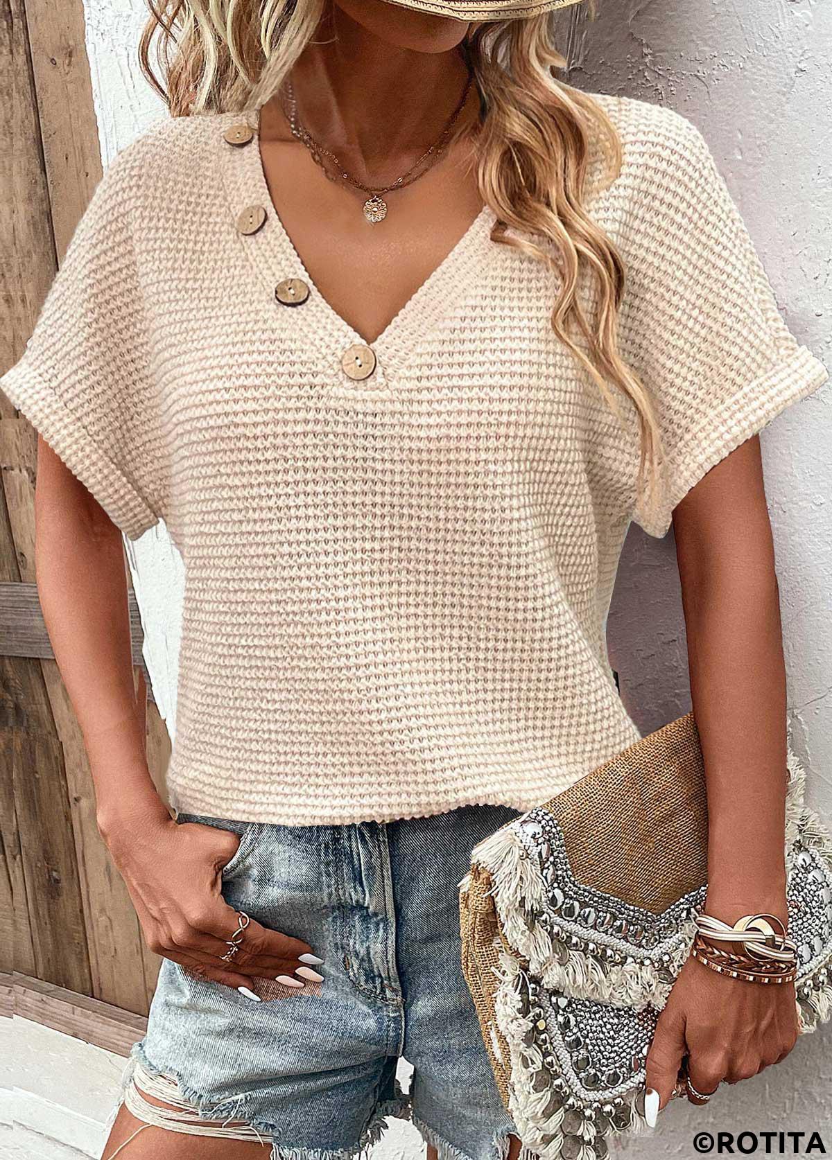 Beige tops,Plain Color tops,ROTITA Button Beige V Neck Short Sleeve Blouse