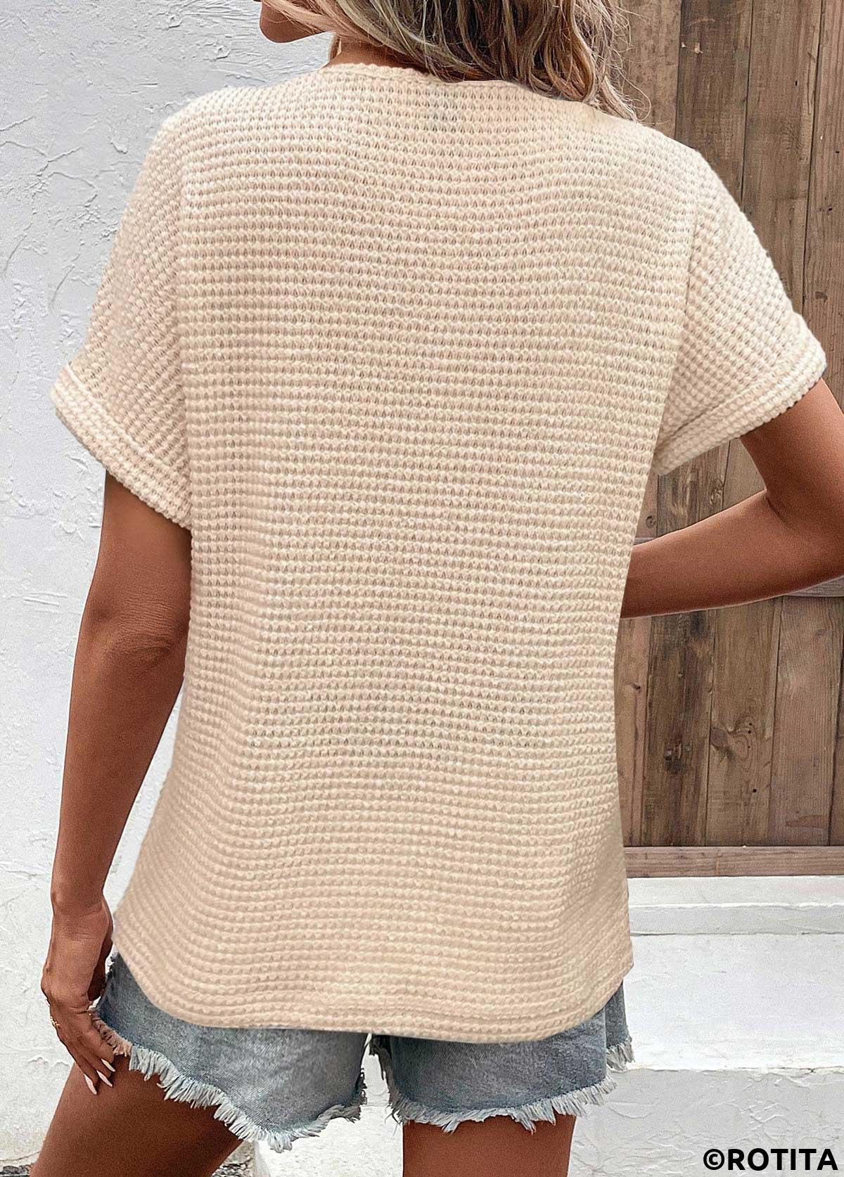 Beige tops,Plain Color tops,ROTITA Button Beige V Neck Short Sleeve Blouse