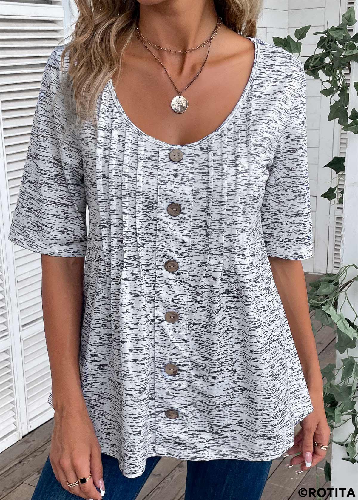 Light Grey Marl tops,Plain Color tops,ROTITA Button Light Grey Marl Scoop Neck T Shirt