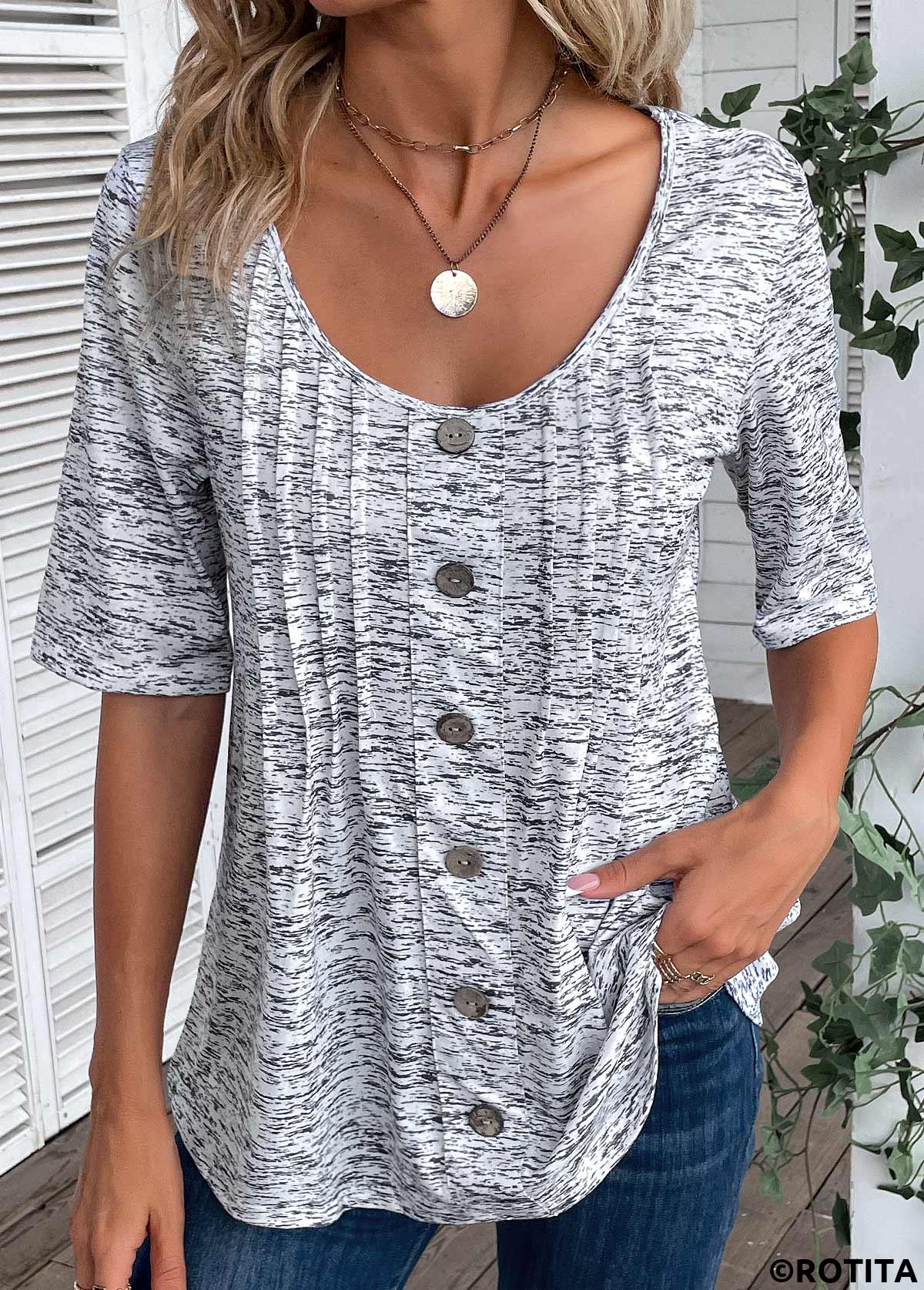 Light Grey Marl tops,Plain Color tops,ROTITA Button Light Grey Marl Scoop Neck T Shirt