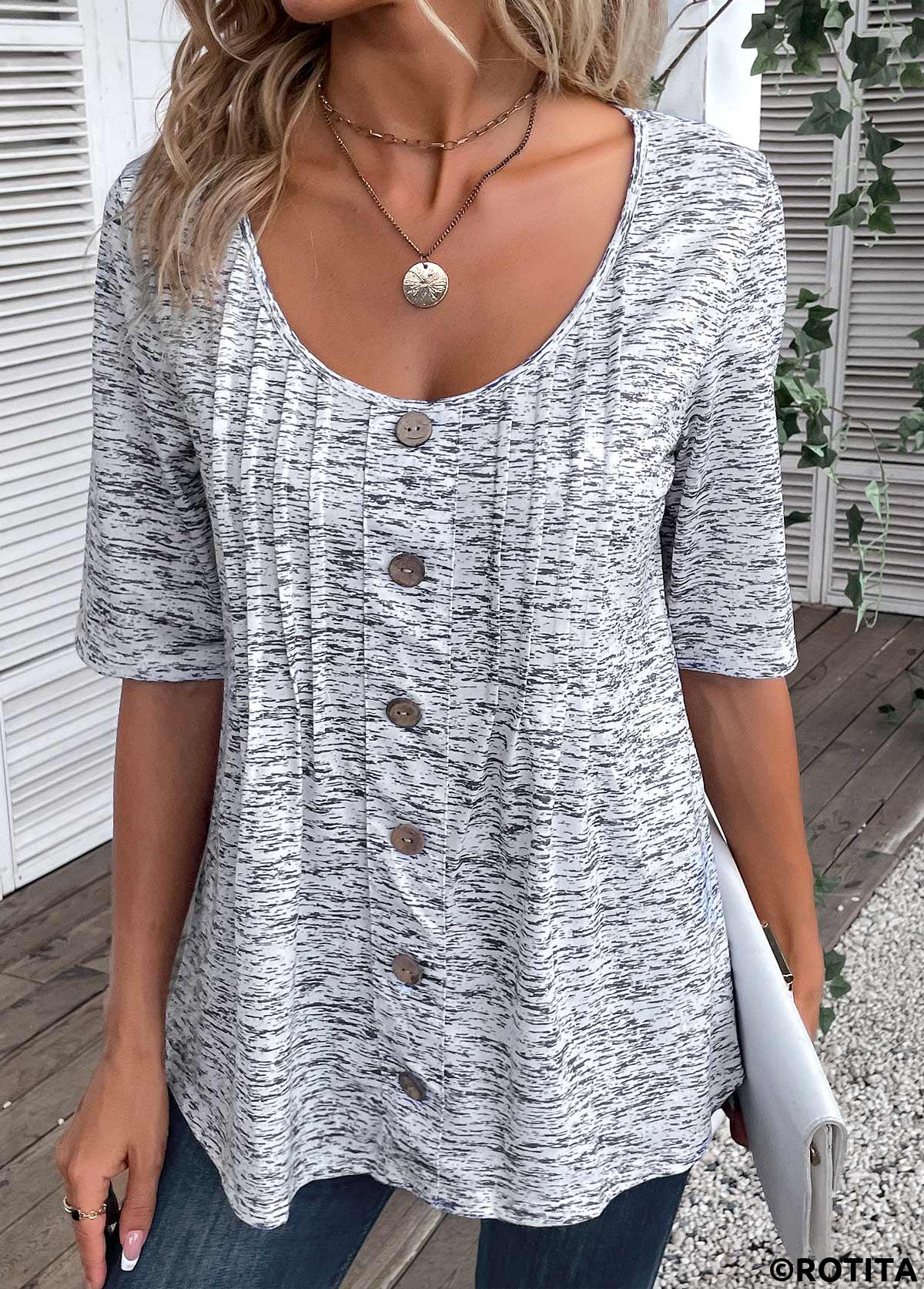 Light Grey Marl tops,Plain Color tops,ROTITA Button Light Grey Marl Scoop Neck T Shirt