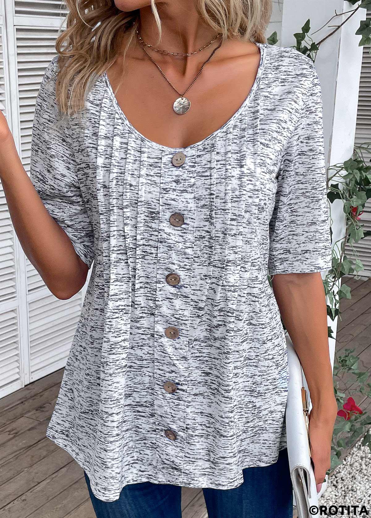Light Grey Marl tops,Plain Color tops,ROTITA Button Light Grey Marl Scoop Neck T Shirt