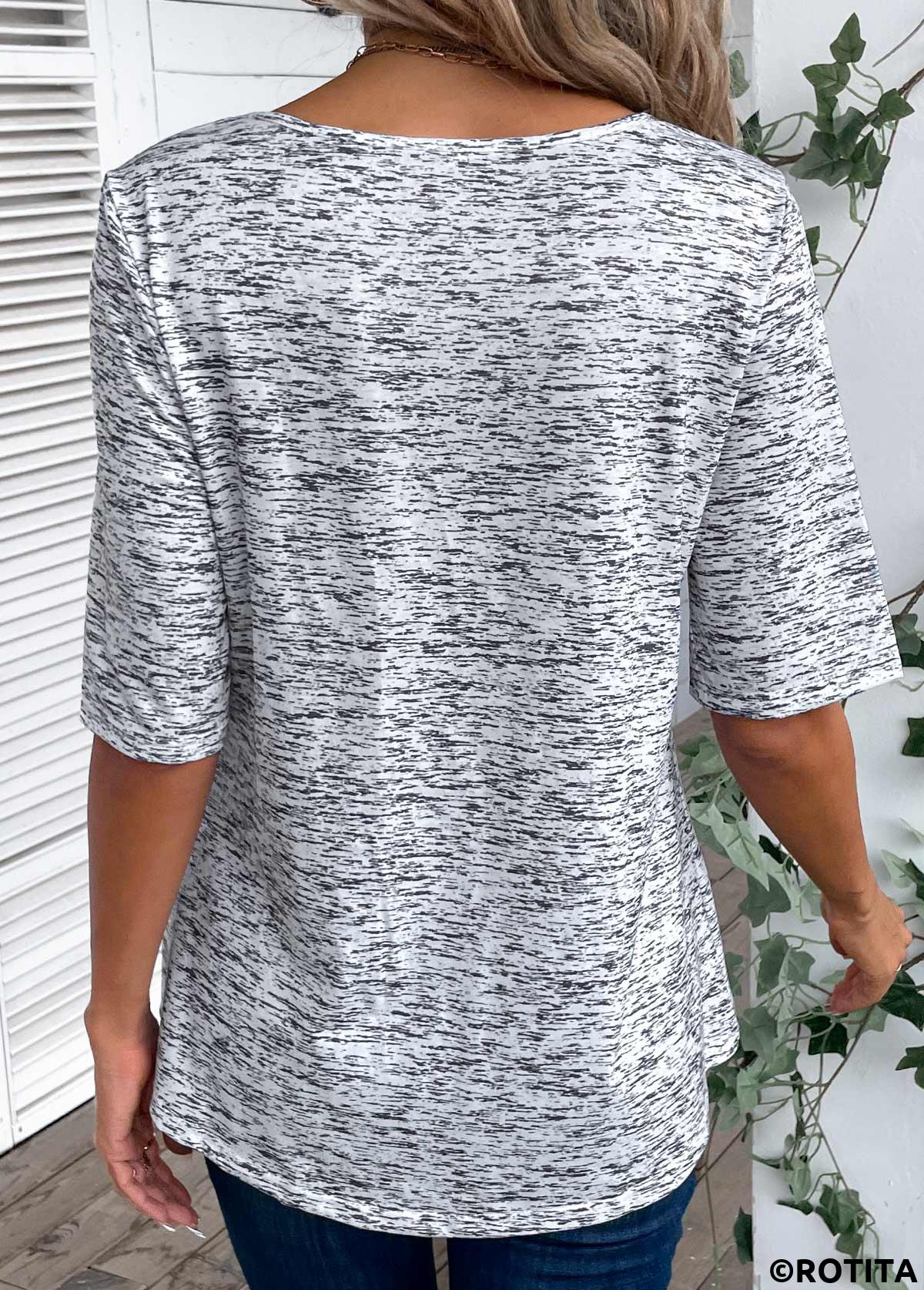 Light Grey Marl tops,Plain Color tops,ROTITA Button Light Grey Marl Scoop Neck T Shirt