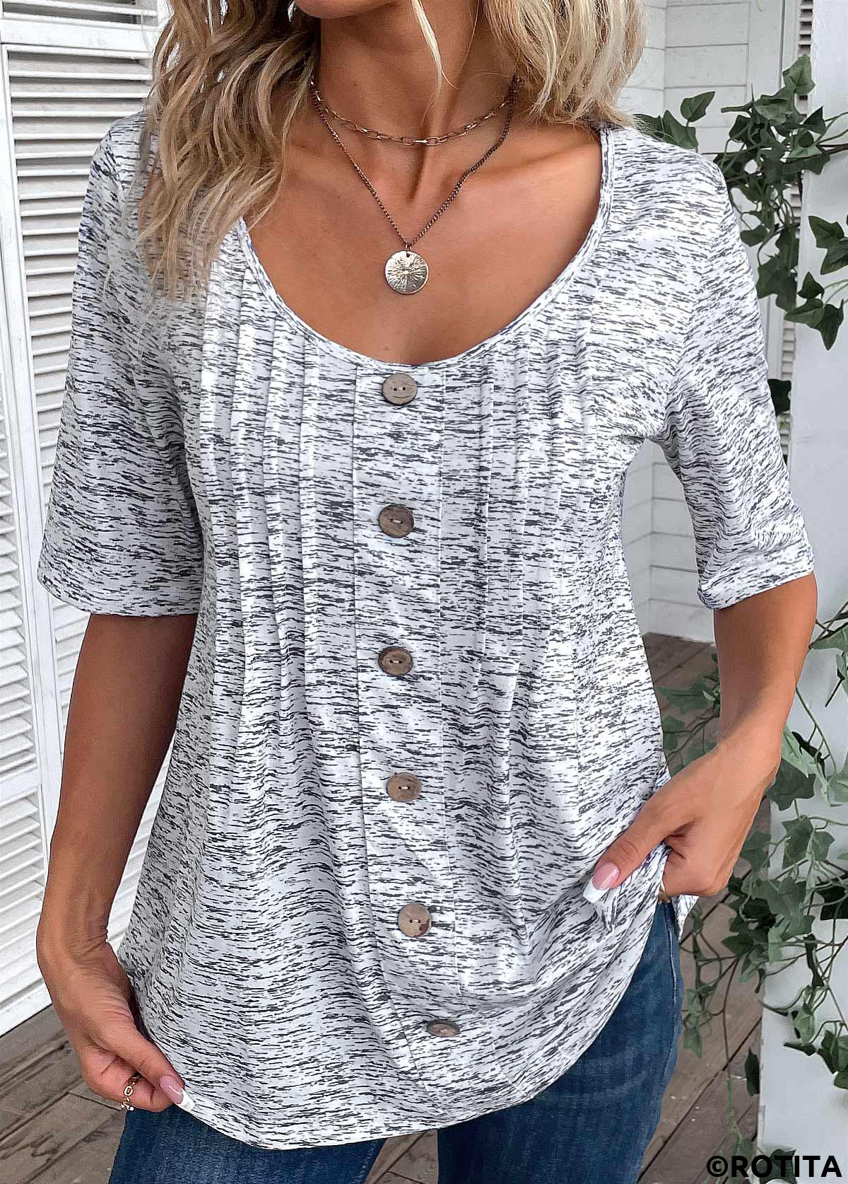 Light Grey Marl tops,Plain Color tops,ROTITA Button Light Grey Marl Scoop Neck T Shirt