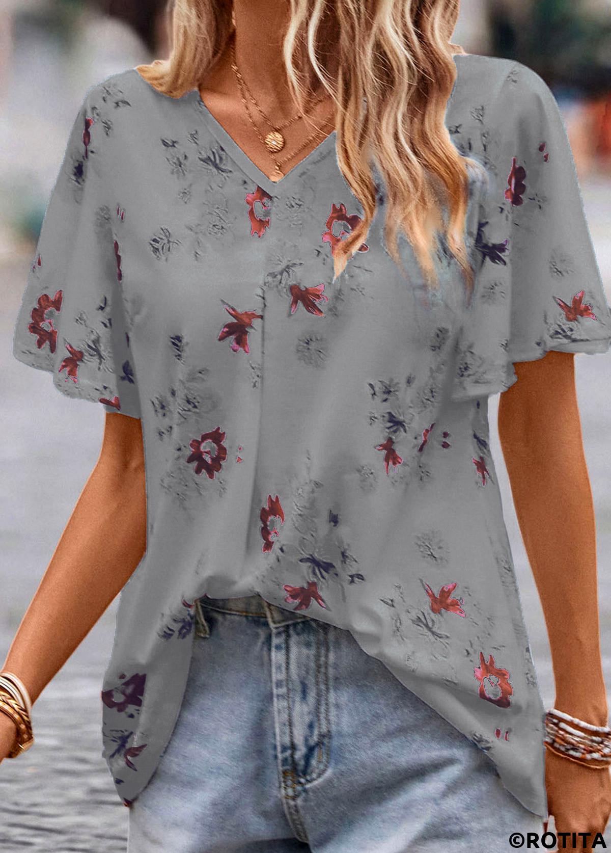 Grey tops,Floral tops,Plants tops,Floral Print Grey V Neck Short Sleeve Blouse