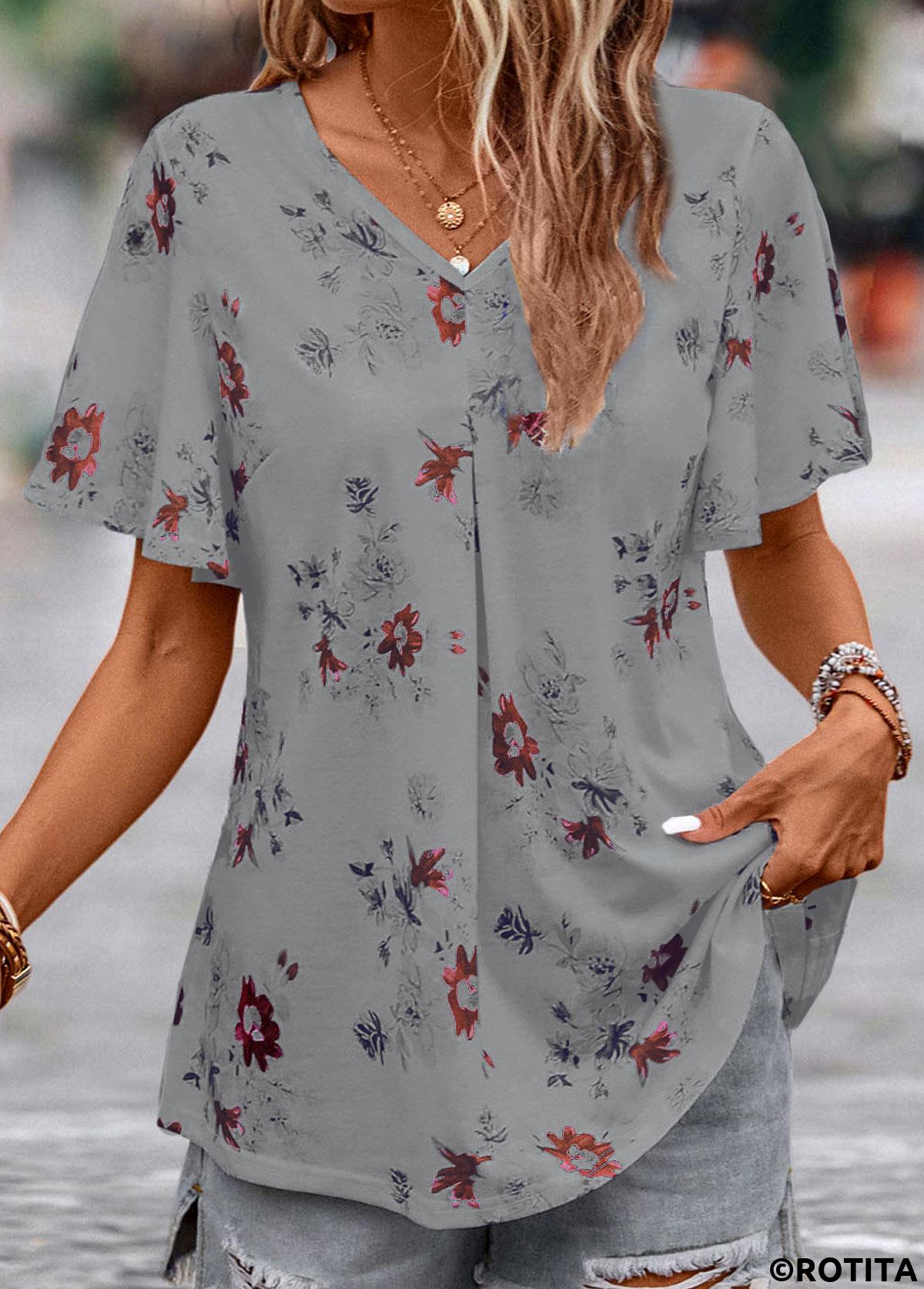 Grey tops,Floral tops,Plants tops,Floral Print Grey V Neck Short Sleeve Blouse