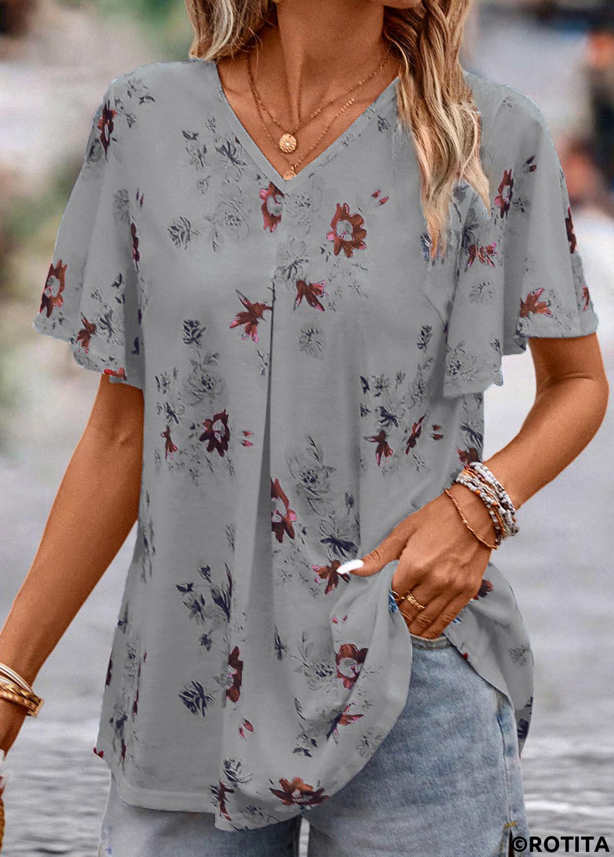 Grey tops,Floral tops,Plants tops,Floral Print Grey V Neck Short Sleeve Blouse