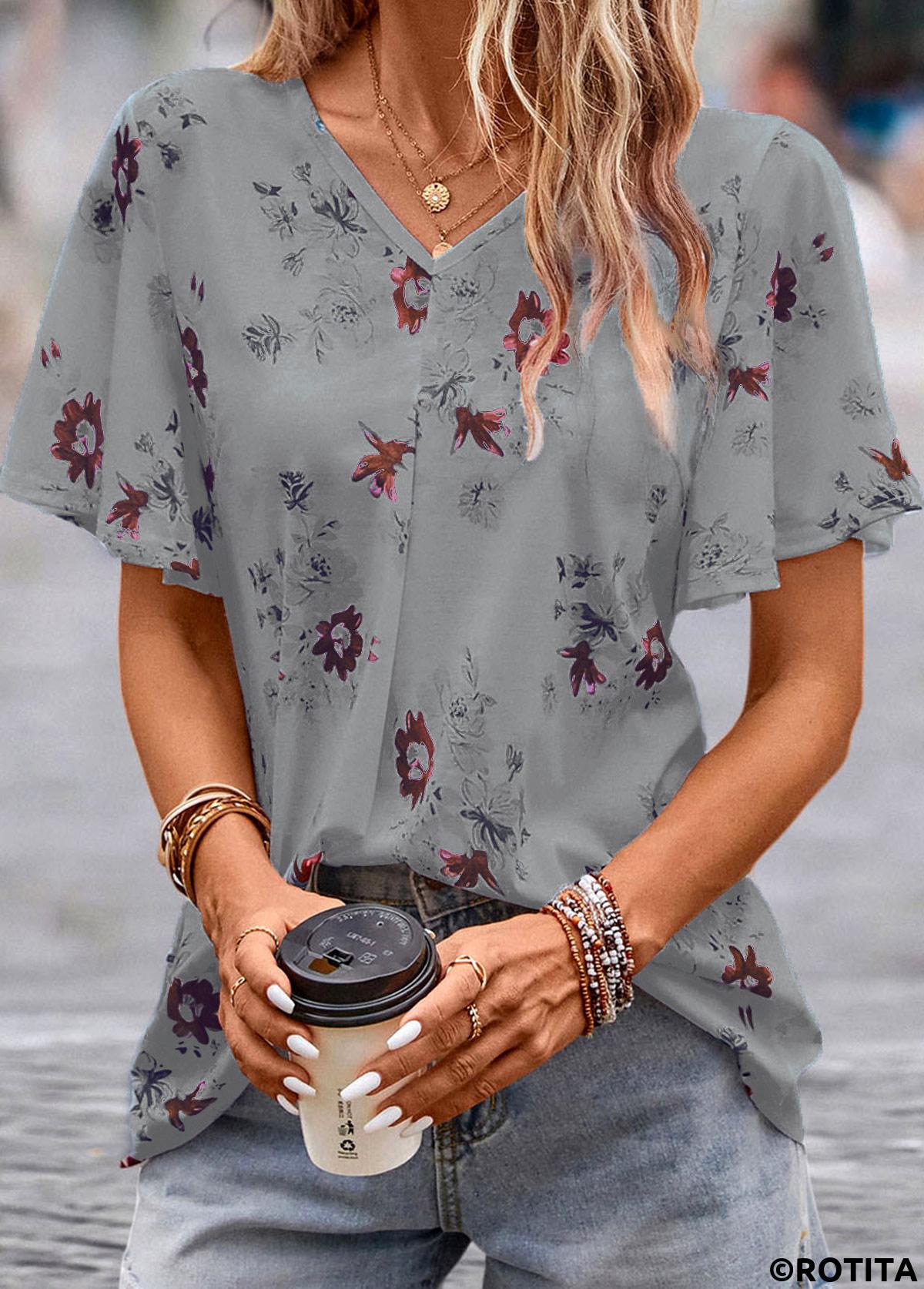 Grey tops,Floral tops,Plants tops,Floral Print Grey V Neck Short Sleeve Blouse