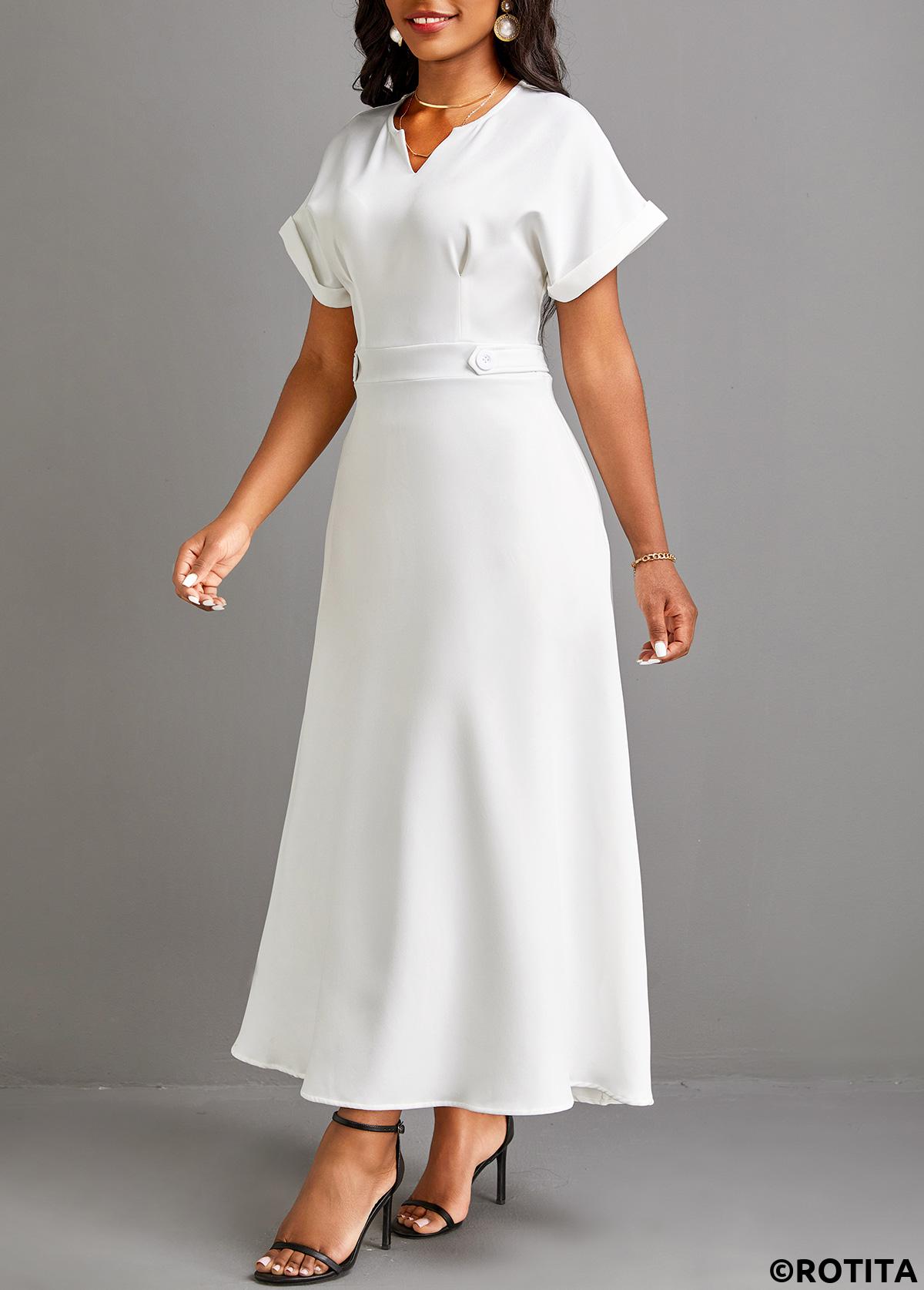 White dresses,Plain Color dresses,Party dresses,Elegant dresses,ROTITA Pocket White Split Neck Short Sleeve Maxi Dress