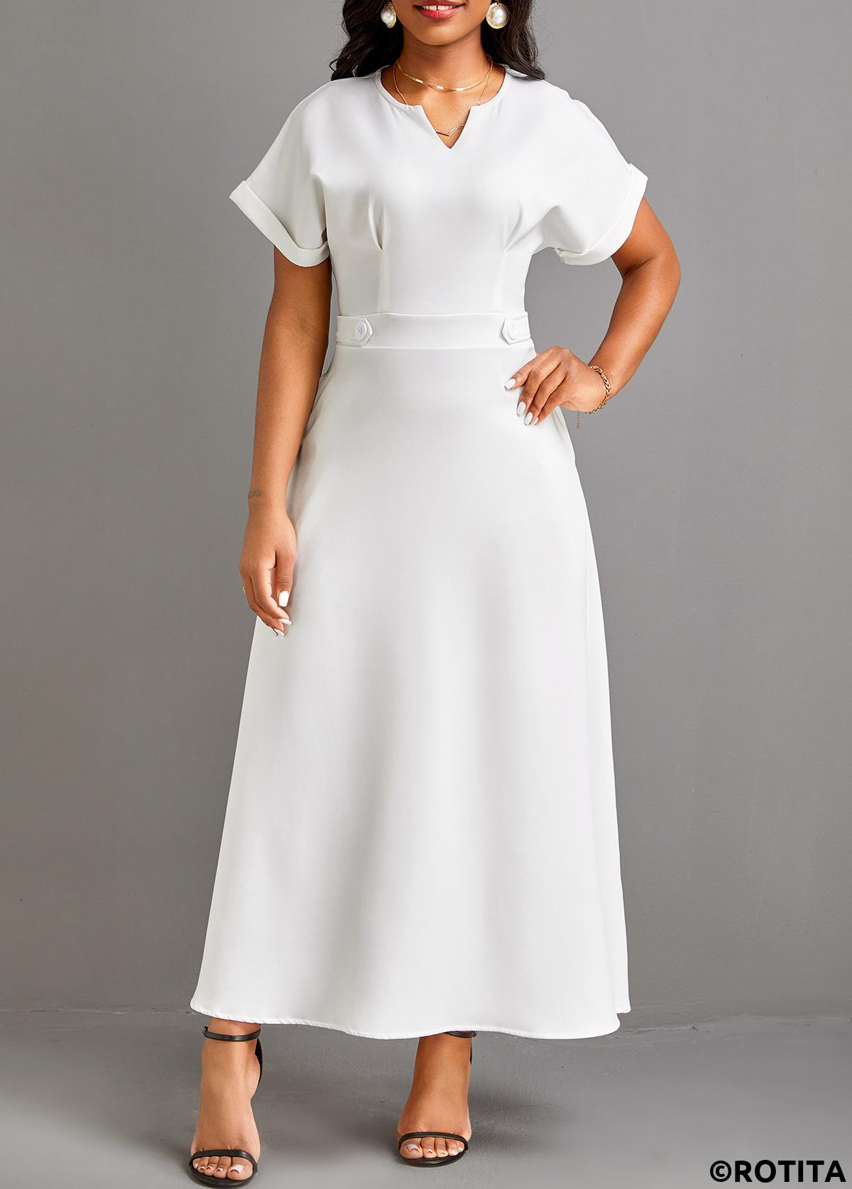 White dresses,Plain Color dresses,Party dresses,Elegant dresses,ROTITA Pocket White Split Neck Short Sleeve Maxi Dress