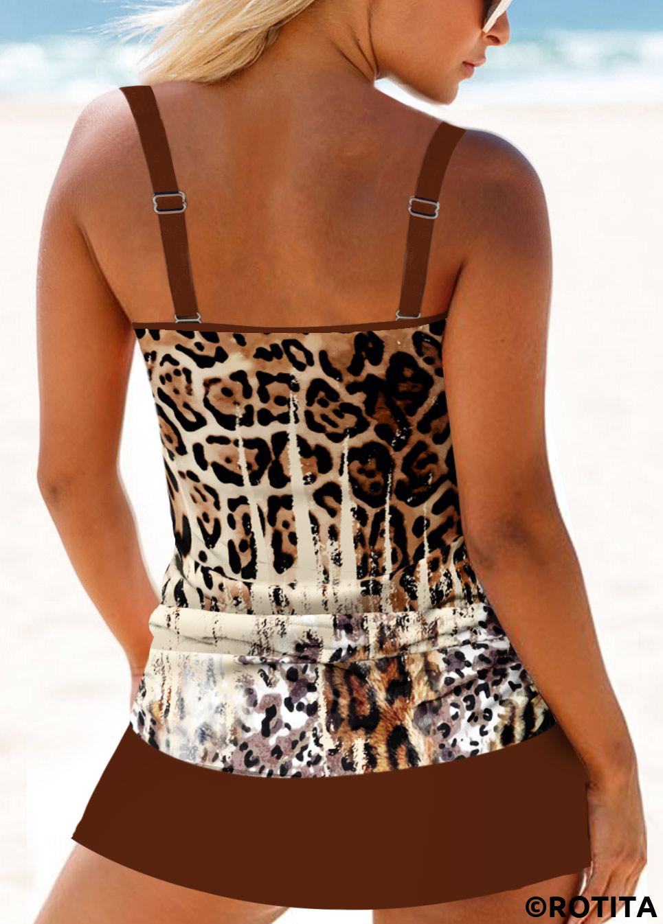 Dark Coffee swimwear,Leopard swimwear,Ombre swimwear,Striped swimwear,ROTITA Circular Ring Dark Coffee Leopard Tankini Set