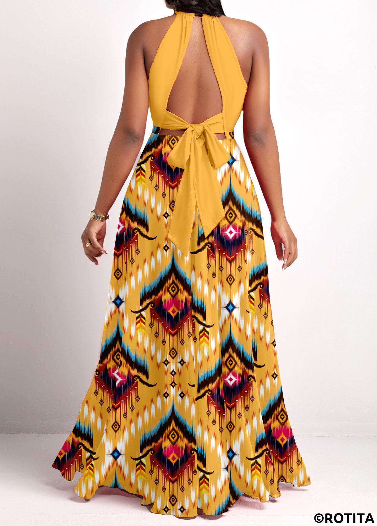 Yellow dresses,Tribal dresses,Geometric dresses,Party dresses,Elegant dresses,ROTITA Cut Out Tribal Print Yellow Maxi Dress