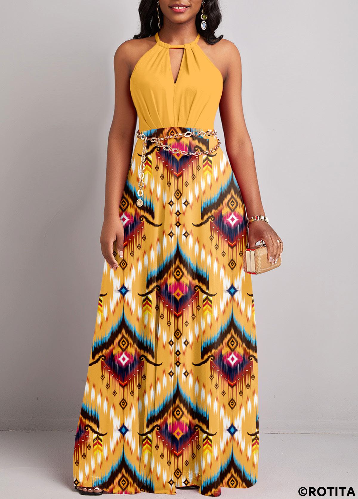 Yellow dresses,Tribal dresses,Geometric dresses,Party dresses,Elegant dresses,ROTITA Cut Out Tribal Print Yellow Maxi Dress