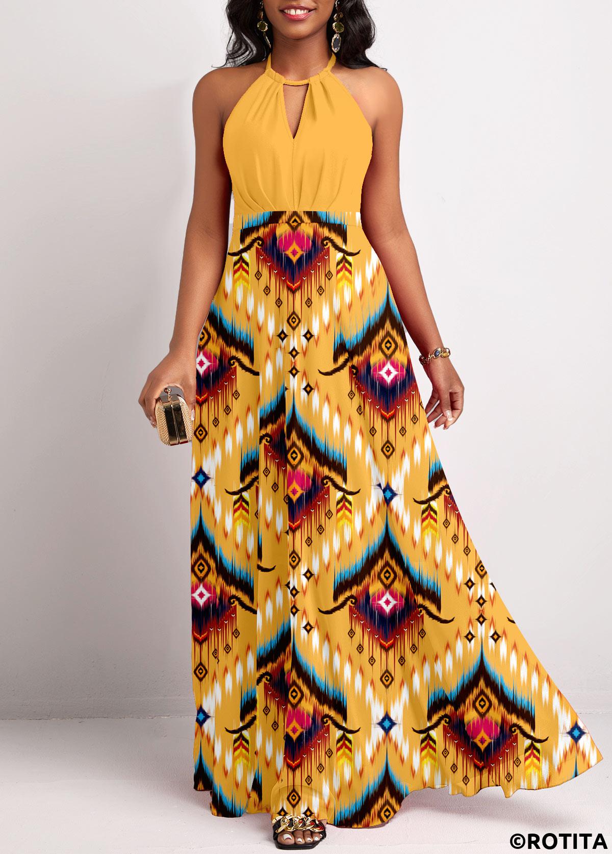 Yellow dresses,Tribal dresses,Geometric dresses,Party dresses,Elegant dresses,ROTITA Cut Out Tribal Print Yellow Maxi Dress
