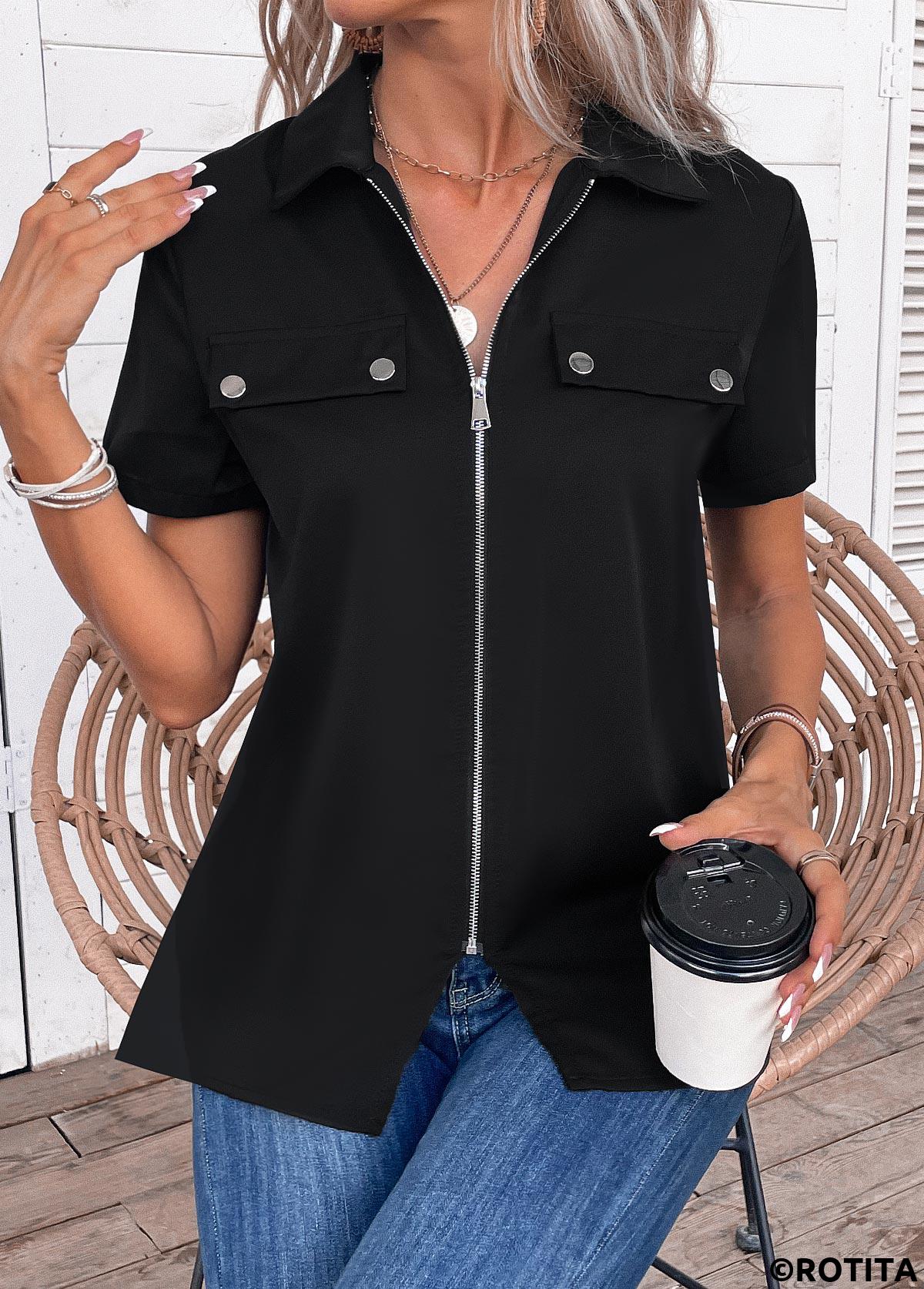 Black tops,Plain Color tops,Zipper Black Turn Down Collar Short Sleeve Blouse