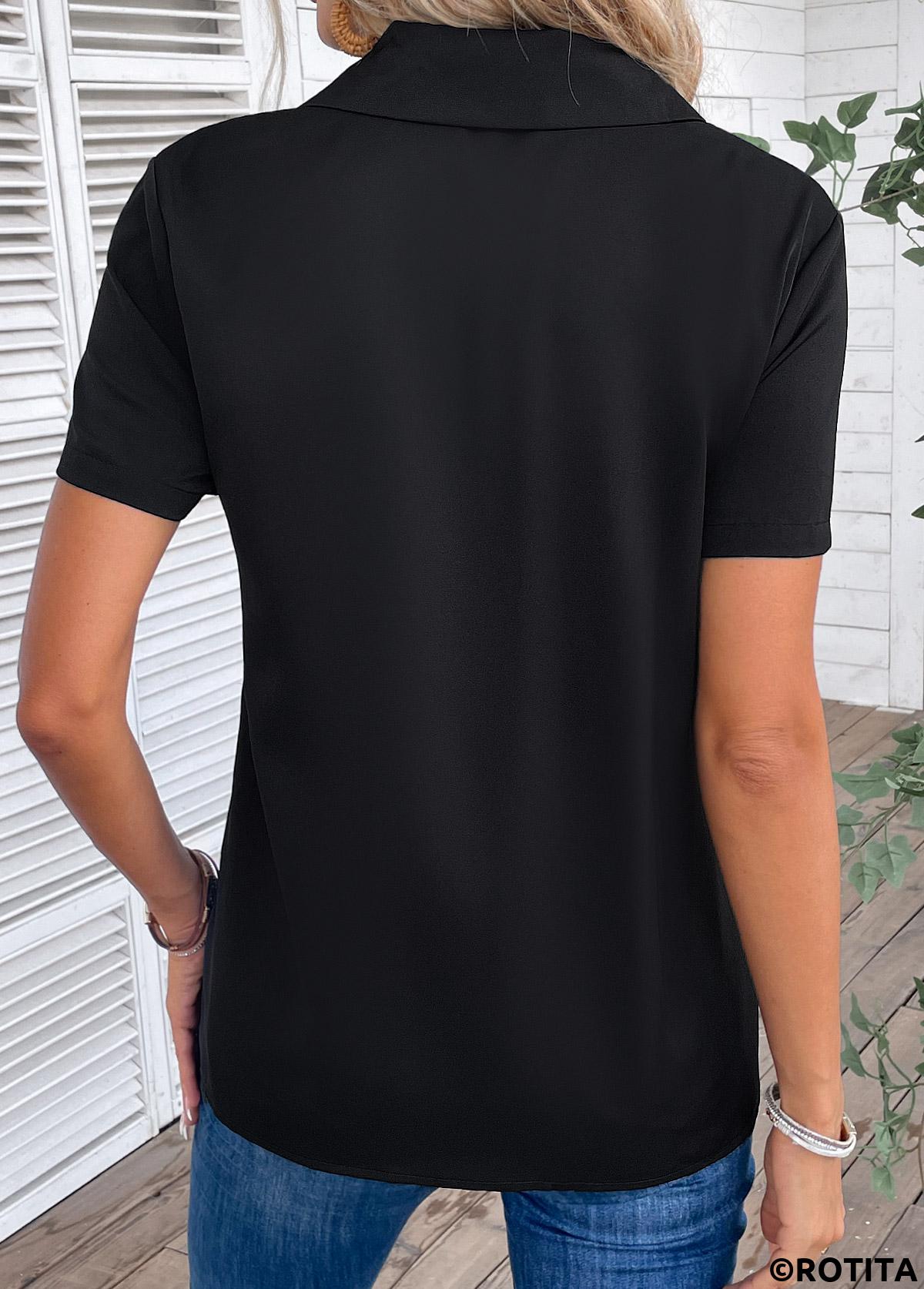 Black tops,Plain Color tops,ROTITA Zipper Black Turn Down Collar Short Sleeve Blouse