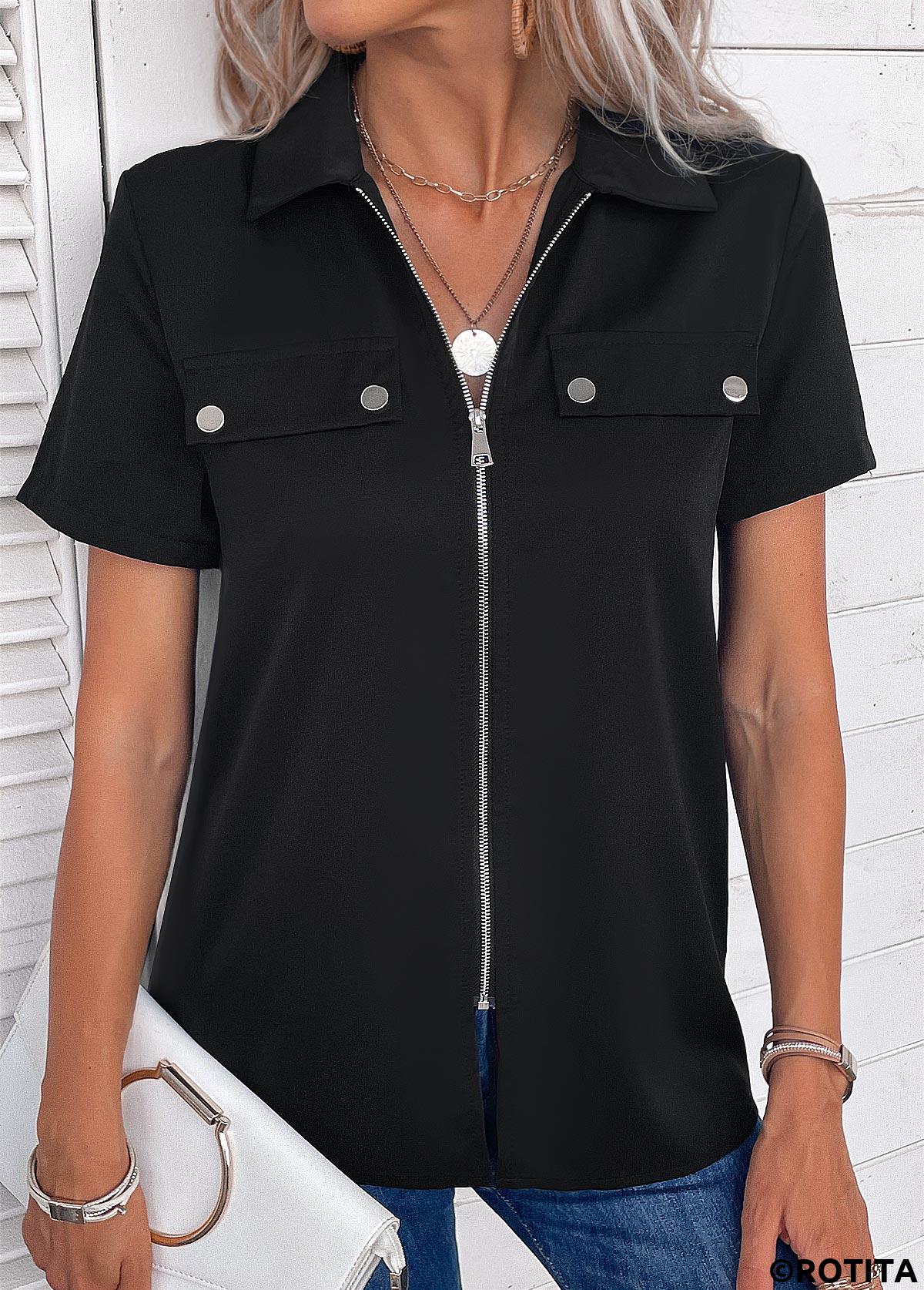 Black tops,Plain Color tops,ROTITA Zipper Black Turn Down Collar Short Sleeve Blouse