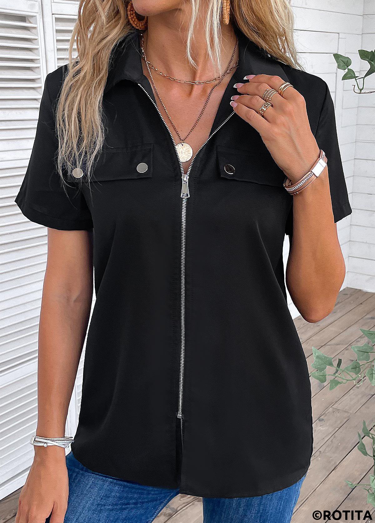 Black tops,Plain Color tops,ROTITA Zipper Black Turn Down Collar Short Sleeve Blouse