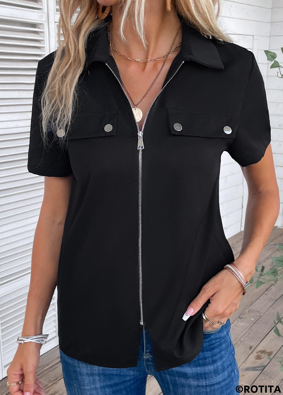 Black tops,Plain Color tops,ROTITA Zipper Black Turn Down Collar Short Sleeve Blouse
