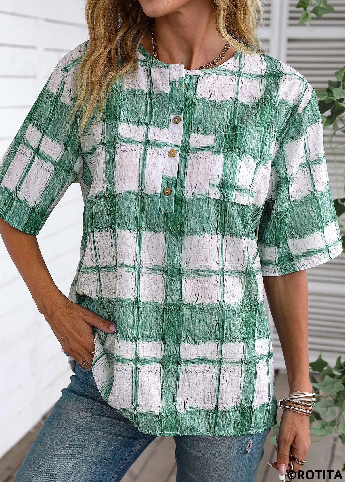 White tops,Green tops,Plaid tops,ROTITA Button Plaid White Round Neck Half Sleeve Blouse