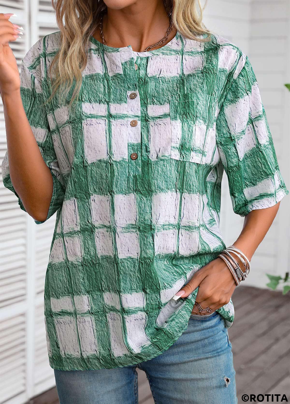 White tops,Green tops,Plaid tops,ROTITA Button Plaid White Round Neck Half Sleeve Blouse