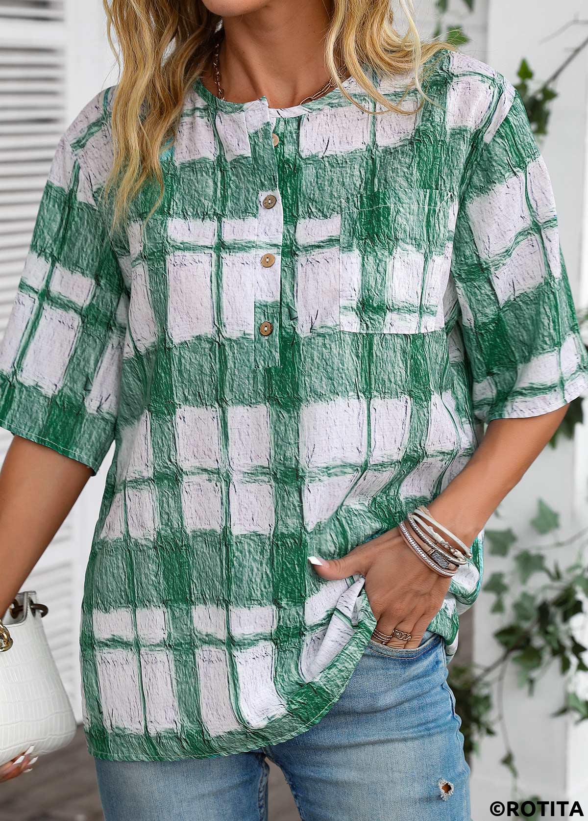 White tops,Green tops,Plaid tops,ROTITA Button Plaid White Round Neck Half Sleeve Blouse