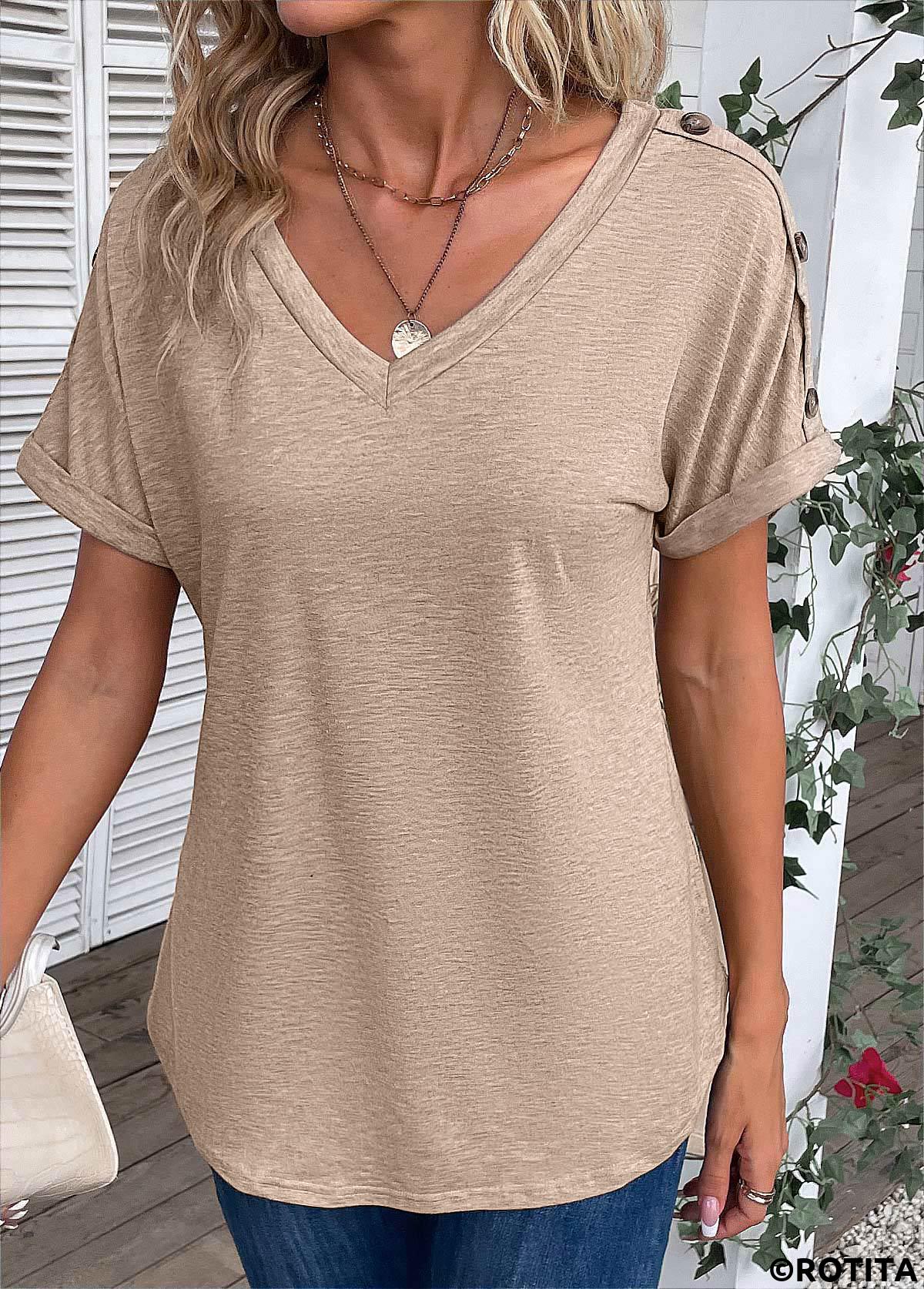 Light Camel tops,Plain Color tops,Button Light Camel V Neck T Shirt