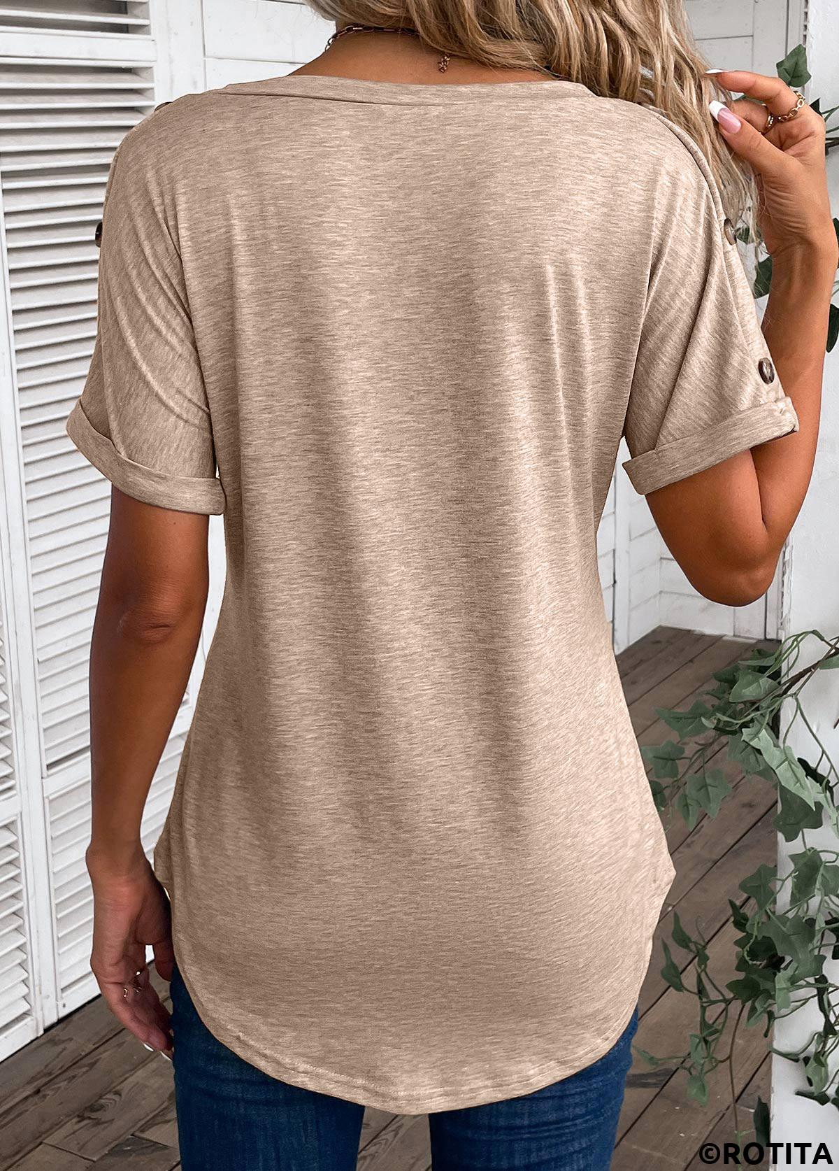 Light Camel tops,Plain Color tops,Button Light Camel V Neck T Shirt