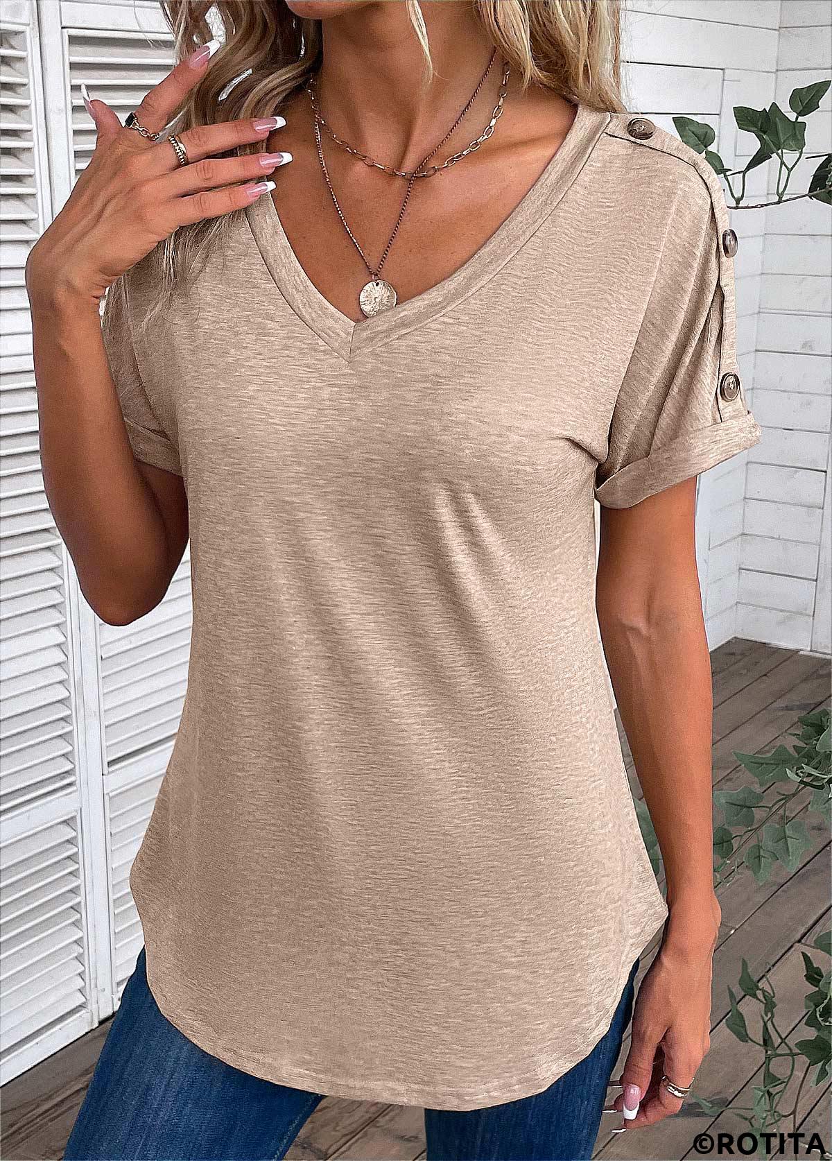 Light Camel tops,Plain Color tops,Button Light Camel V Neck T Shirt