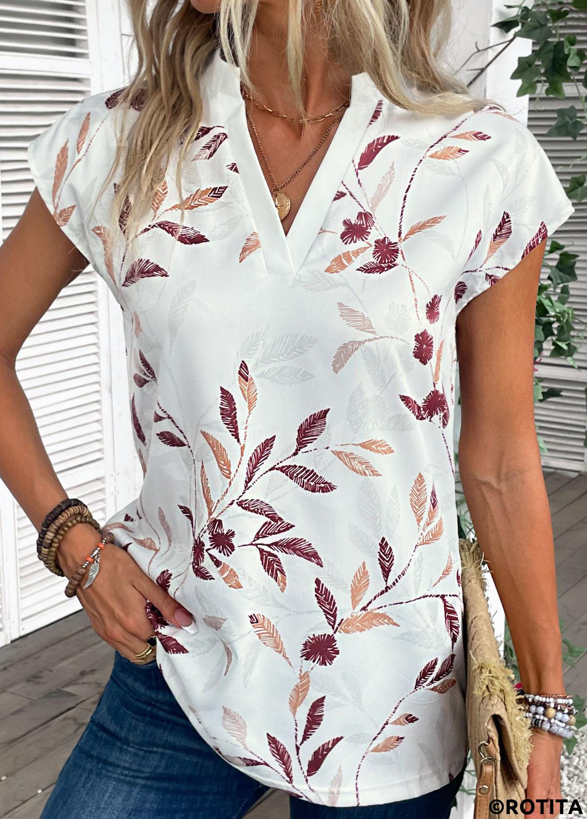White tops,Plants tops,Striped tops,Split Leaf Print White Short Sleeve Blouse