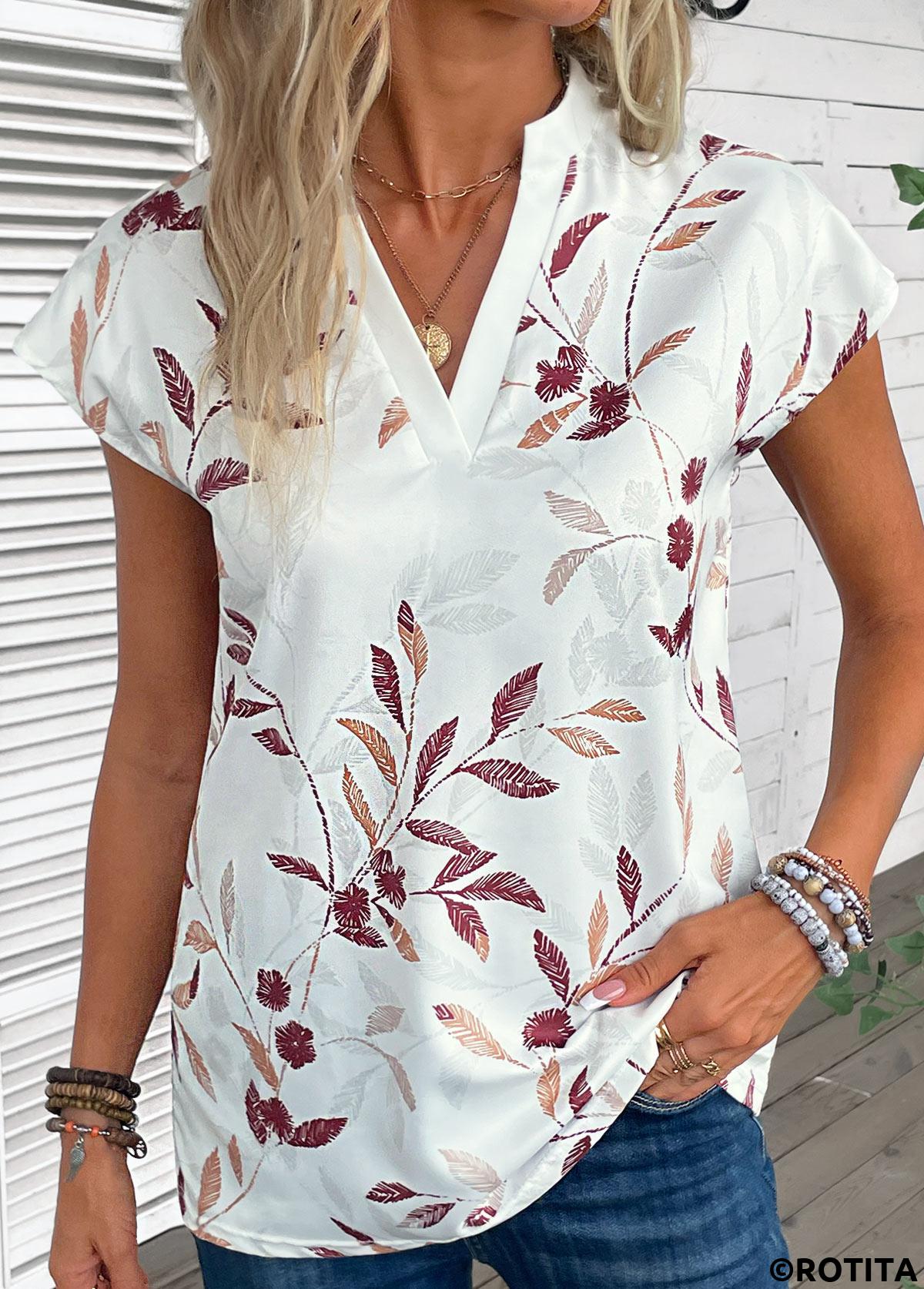 White tops,Plants tops,Striped tops,Split Leaf Print White Short Sleeve Blouse