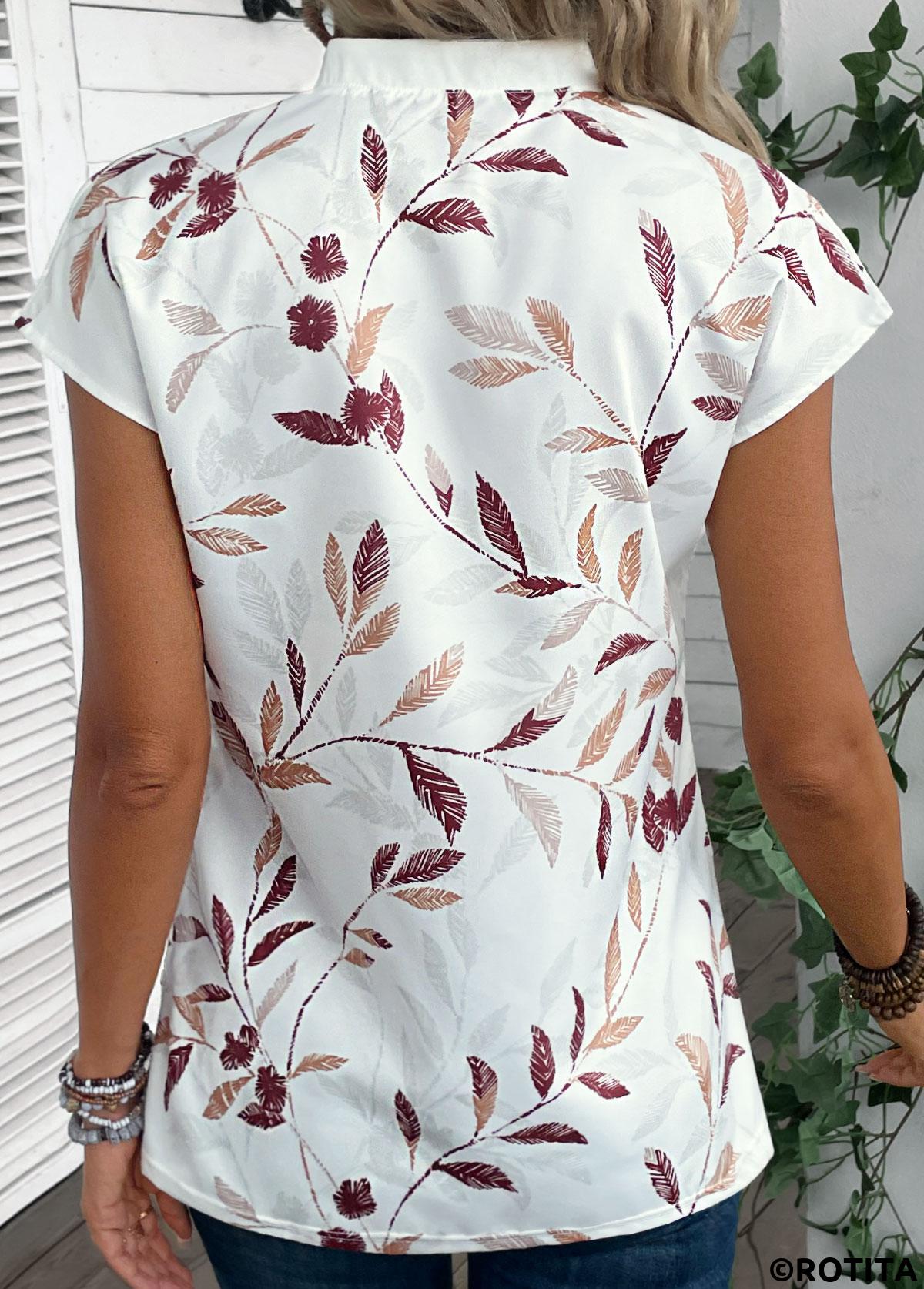 White tops,Plants tops,Striped tops,Split Leaf Print White Short Sleeve Blouse