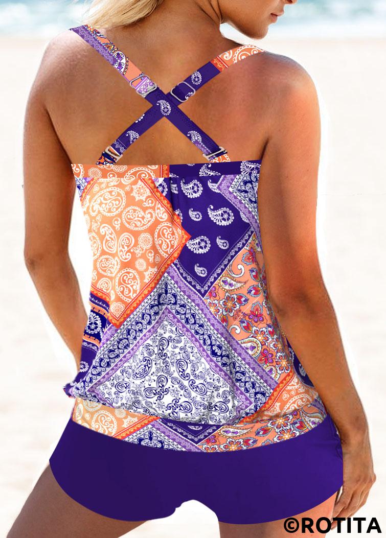 Purple swimwear,Tribal swimwear,Geometric swimwear,Plaid swimwear,Striped swimwear,ROTITA Criss Cross Purple Patchwork Mid Waisted Tankini Set