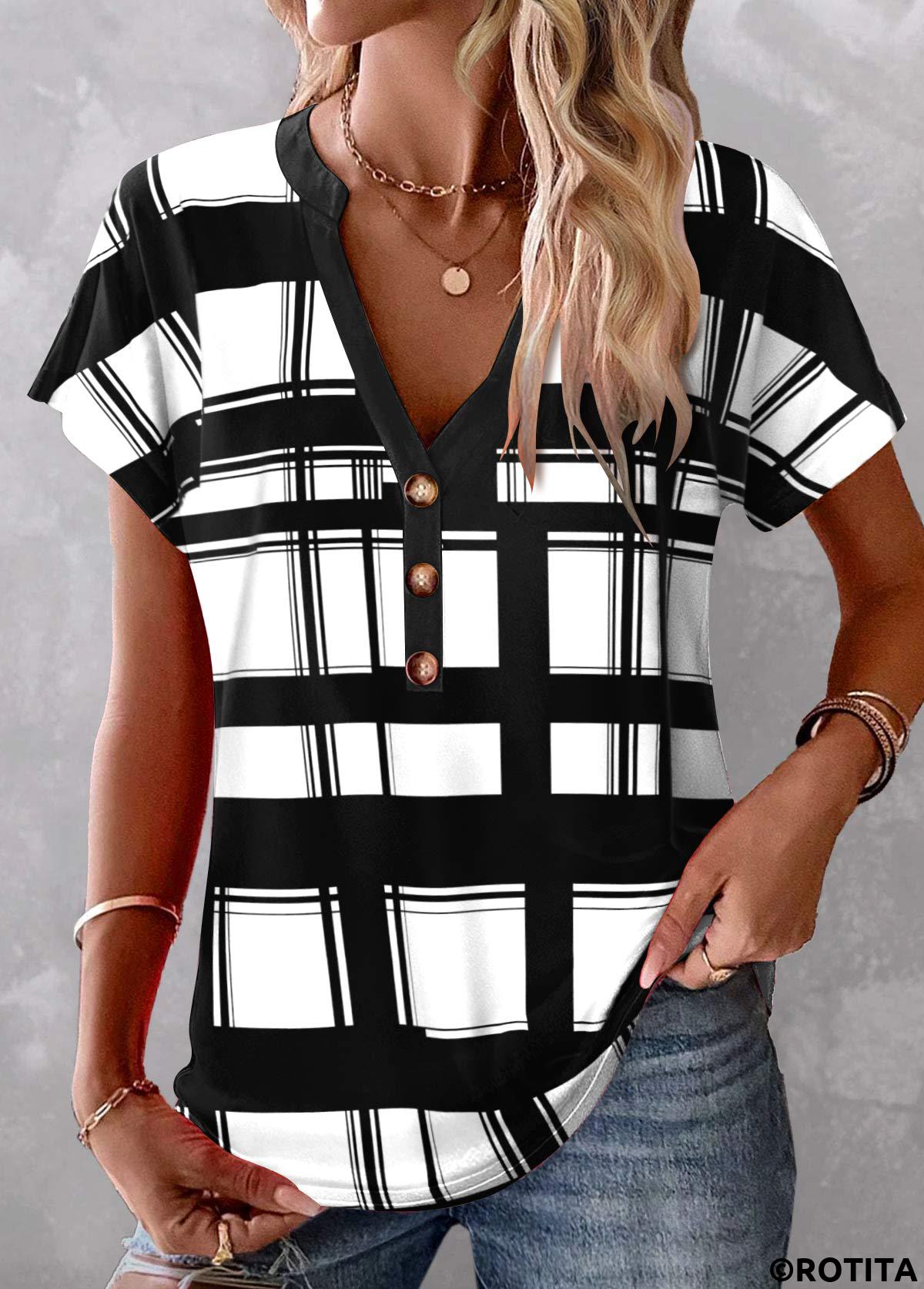 Black tops,White tops,Plaid tops,Geometric tops,Striped tops,ROTITA Button Plaid Black Split Neck T Shirt