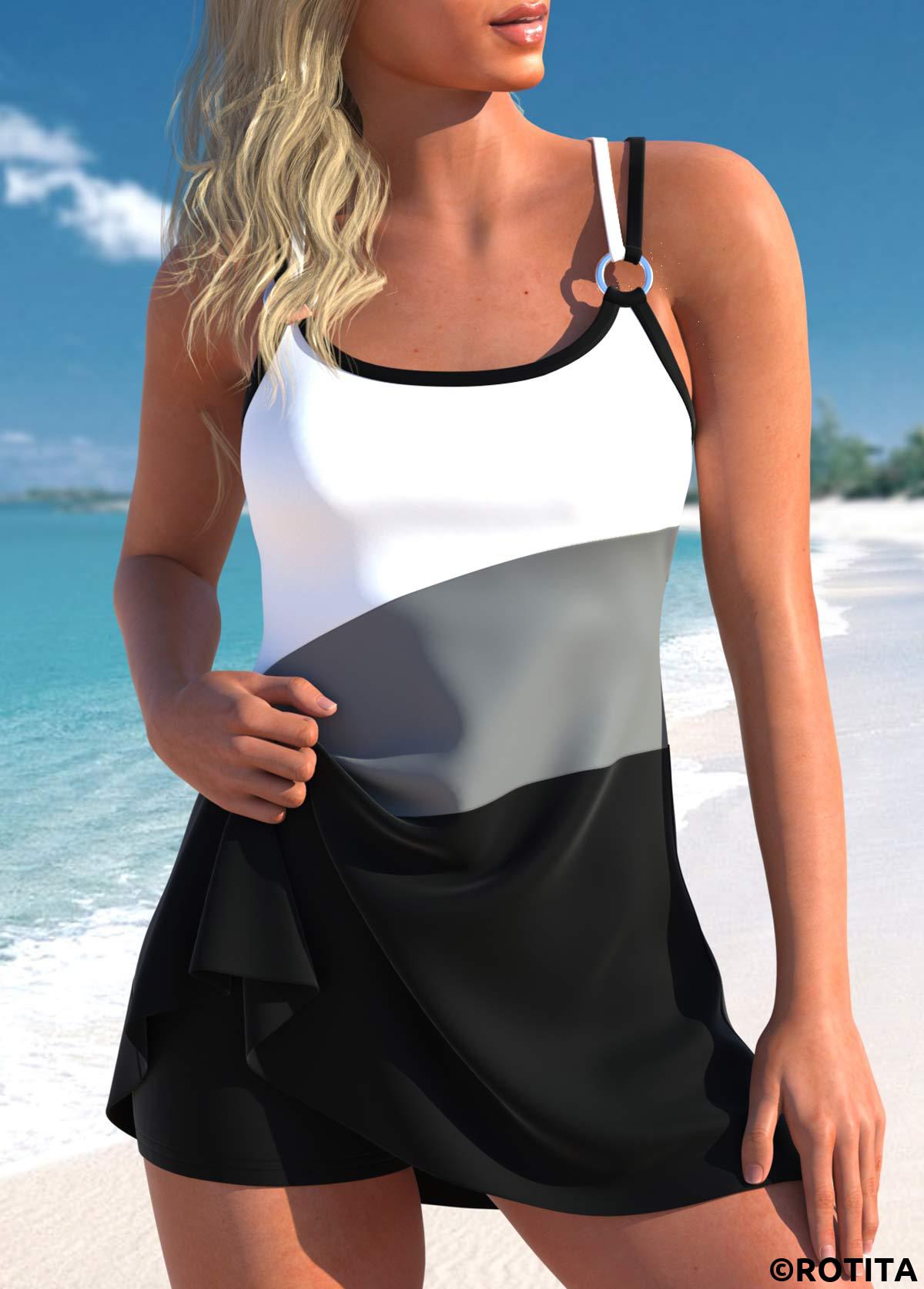 Black swimwear,Contrast Color swimwear,ROTITA Circular Ring Scoop Neck Black Swimdress Top