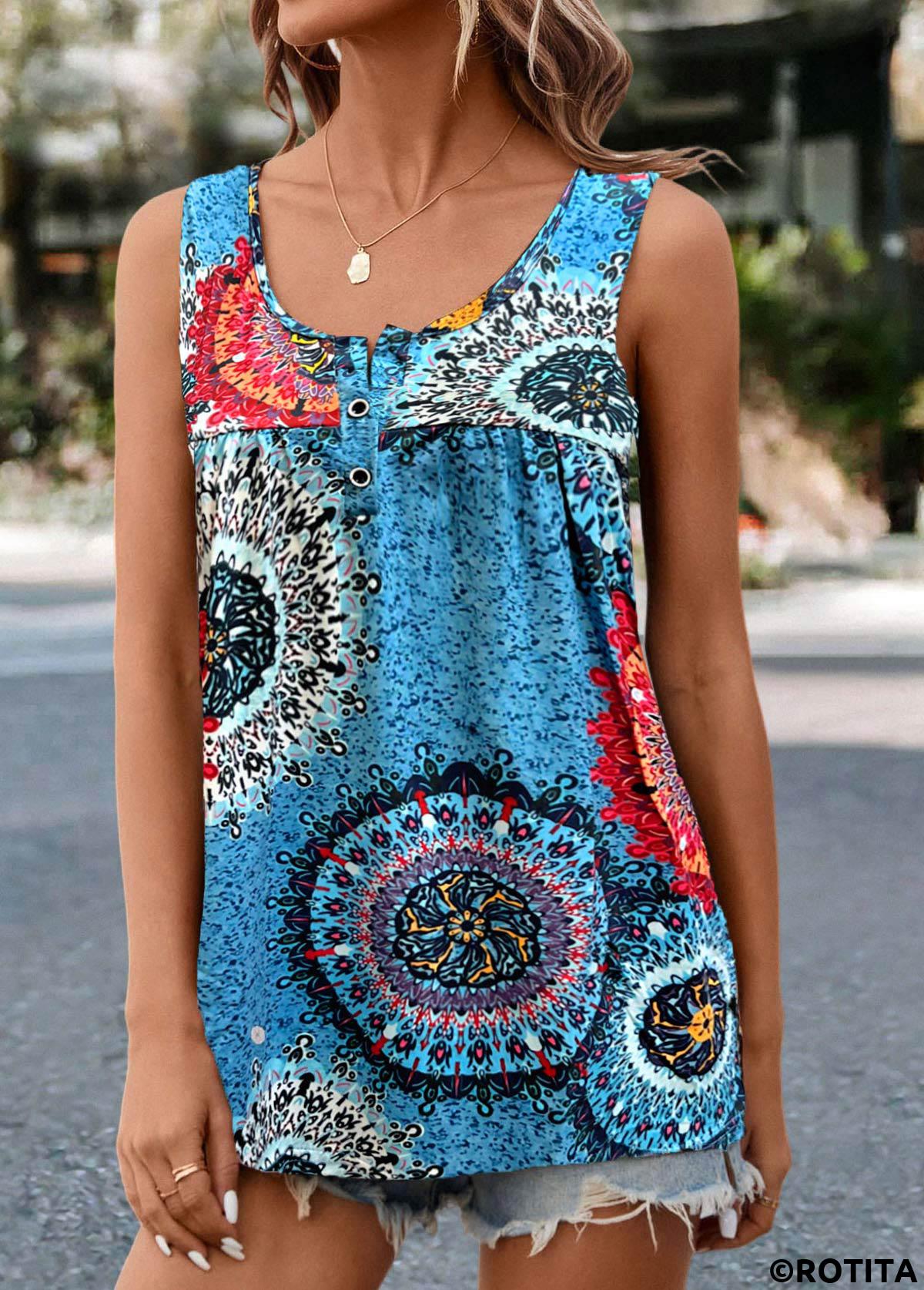 Blue tops,Multi Color tops,Tribal tops,Geometric tops,ROTITA Ruched Tribal Print Blue Scoop Neck Tank Top