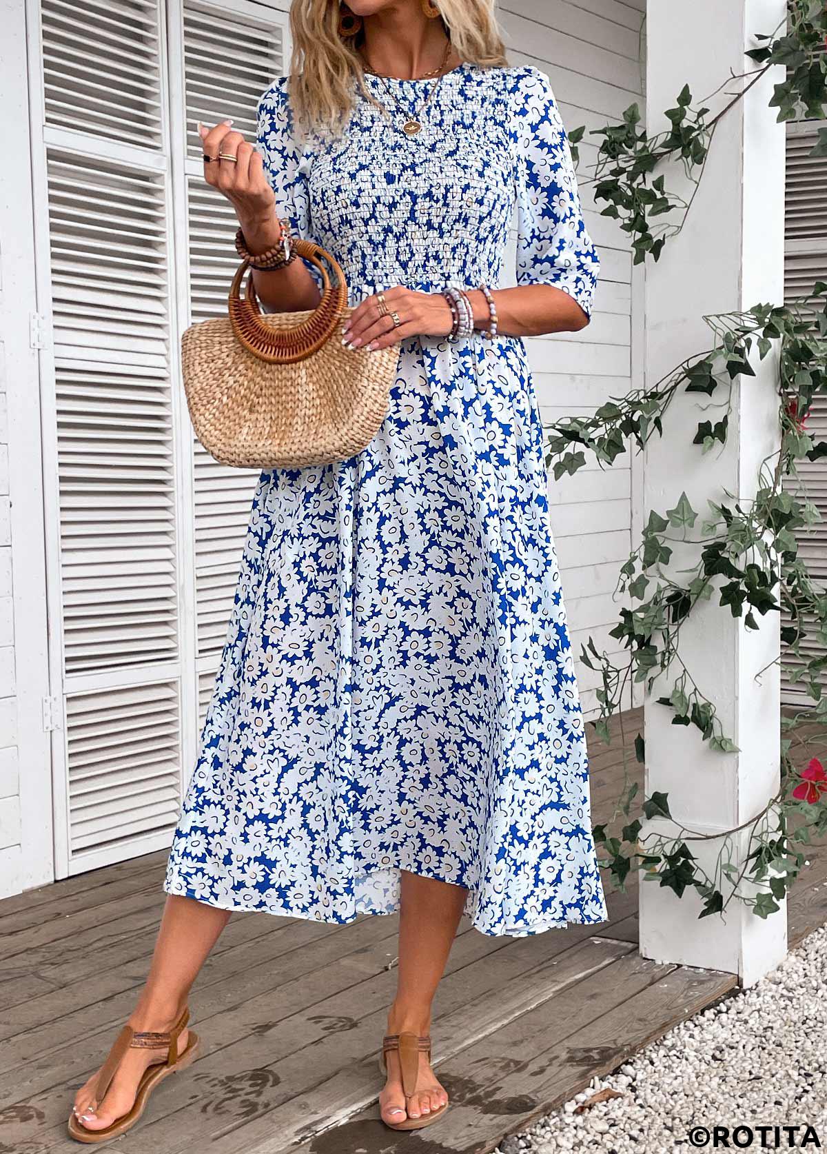 Blue dresses,White dresses,Ditsy Floral dresses,Vacation dresses,Vacation dresses,ROTITA Smocked Ditsy Floral Print Blue Round Neck Dress