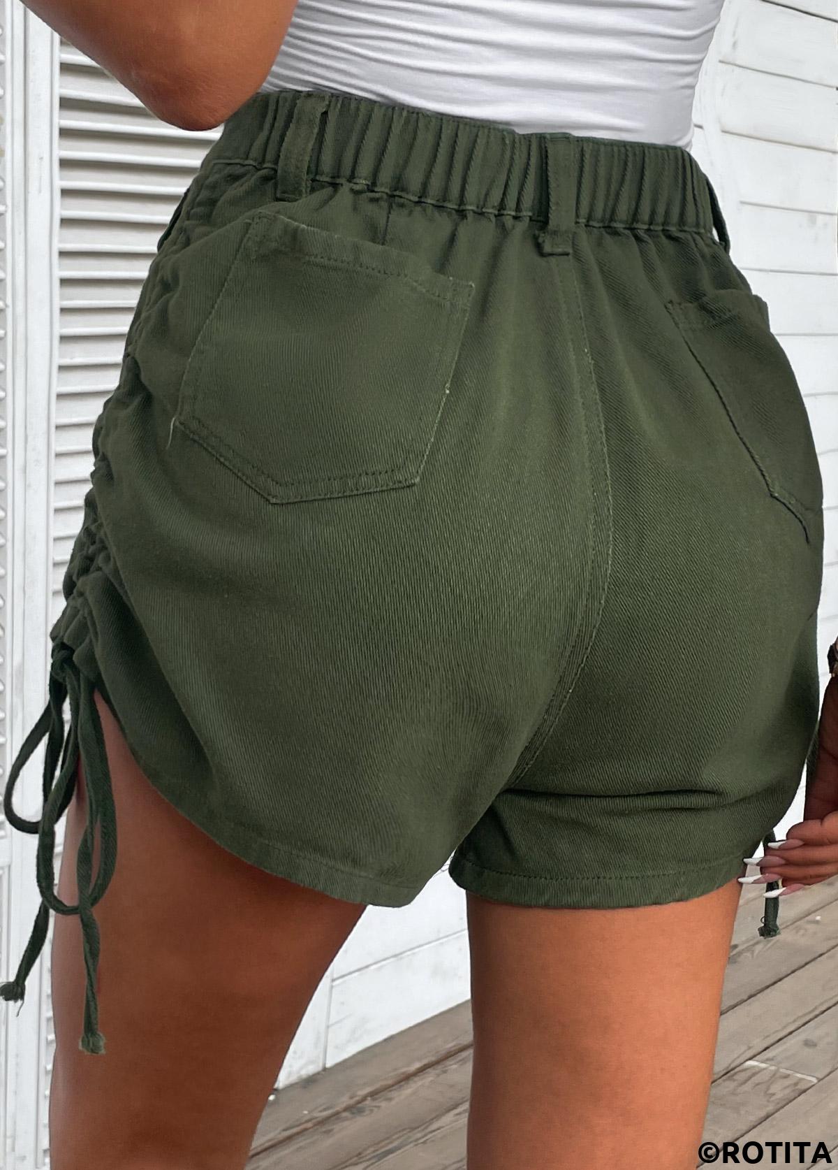 Olive Green bottoms,Plain Color bottoms,Pocket Olive Green Regular Button Fly Shorts