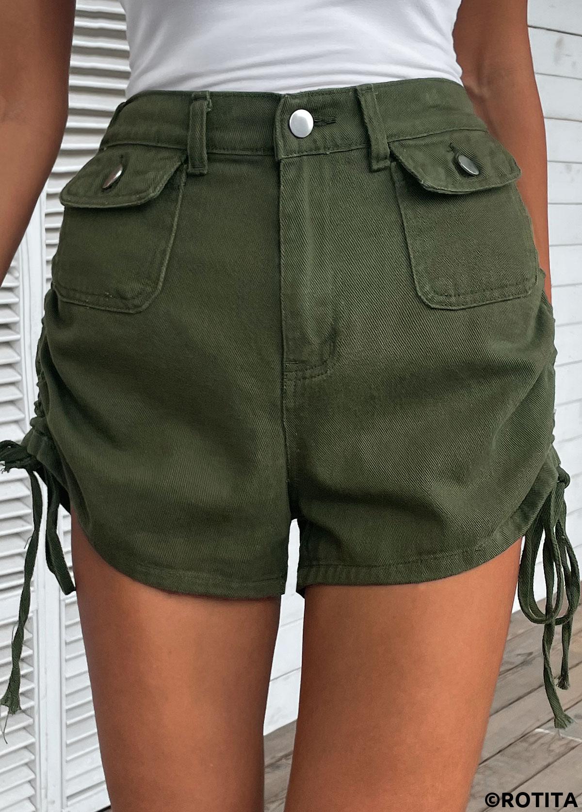 Olive Green bottoms,Plain Color bottoms,Pocket Olive Green Regular Button Fly Shorts