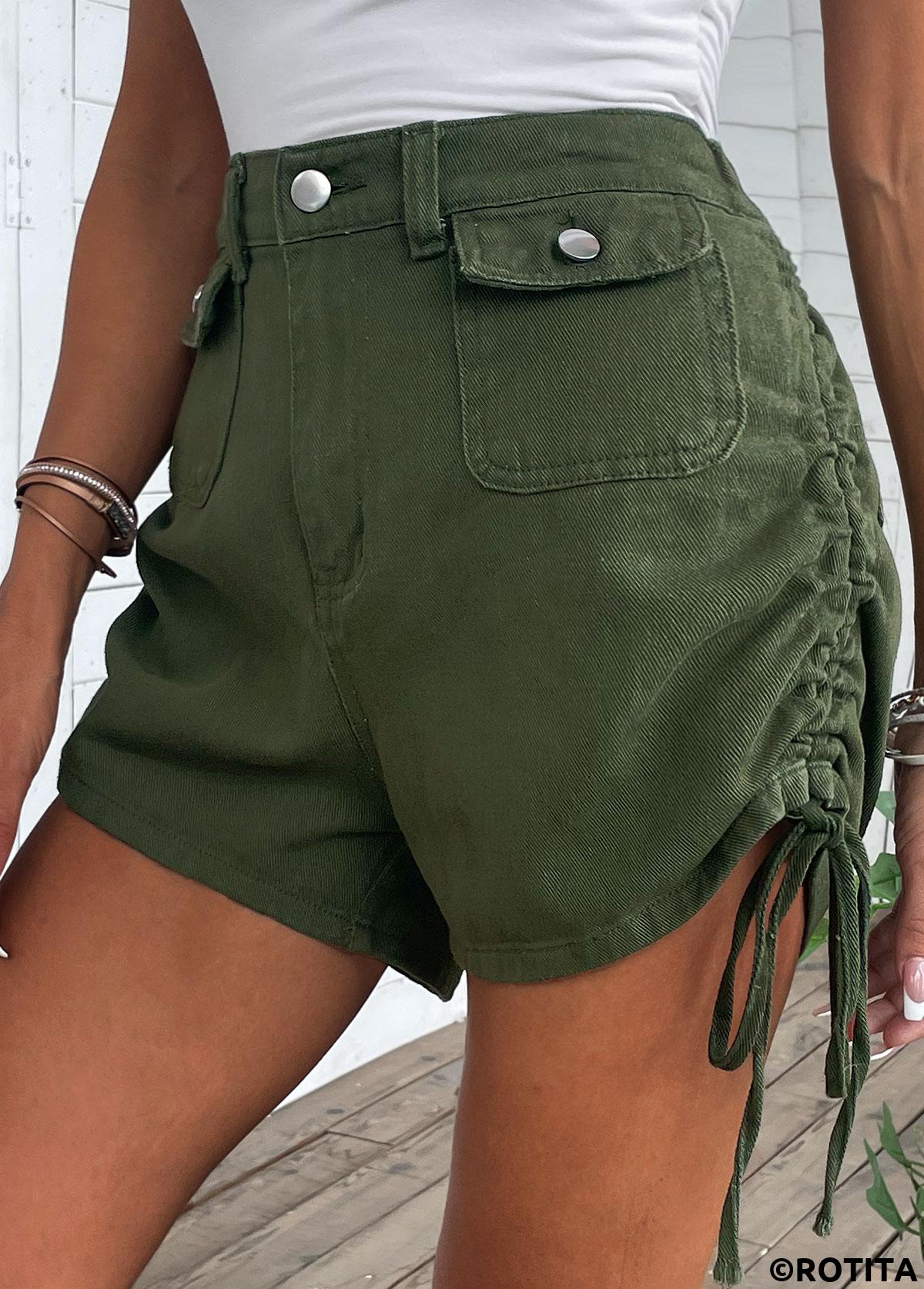 Olive Green bottoms,Plain Color bottoms,Pocket Olive Green Regular Button Fly Shorts