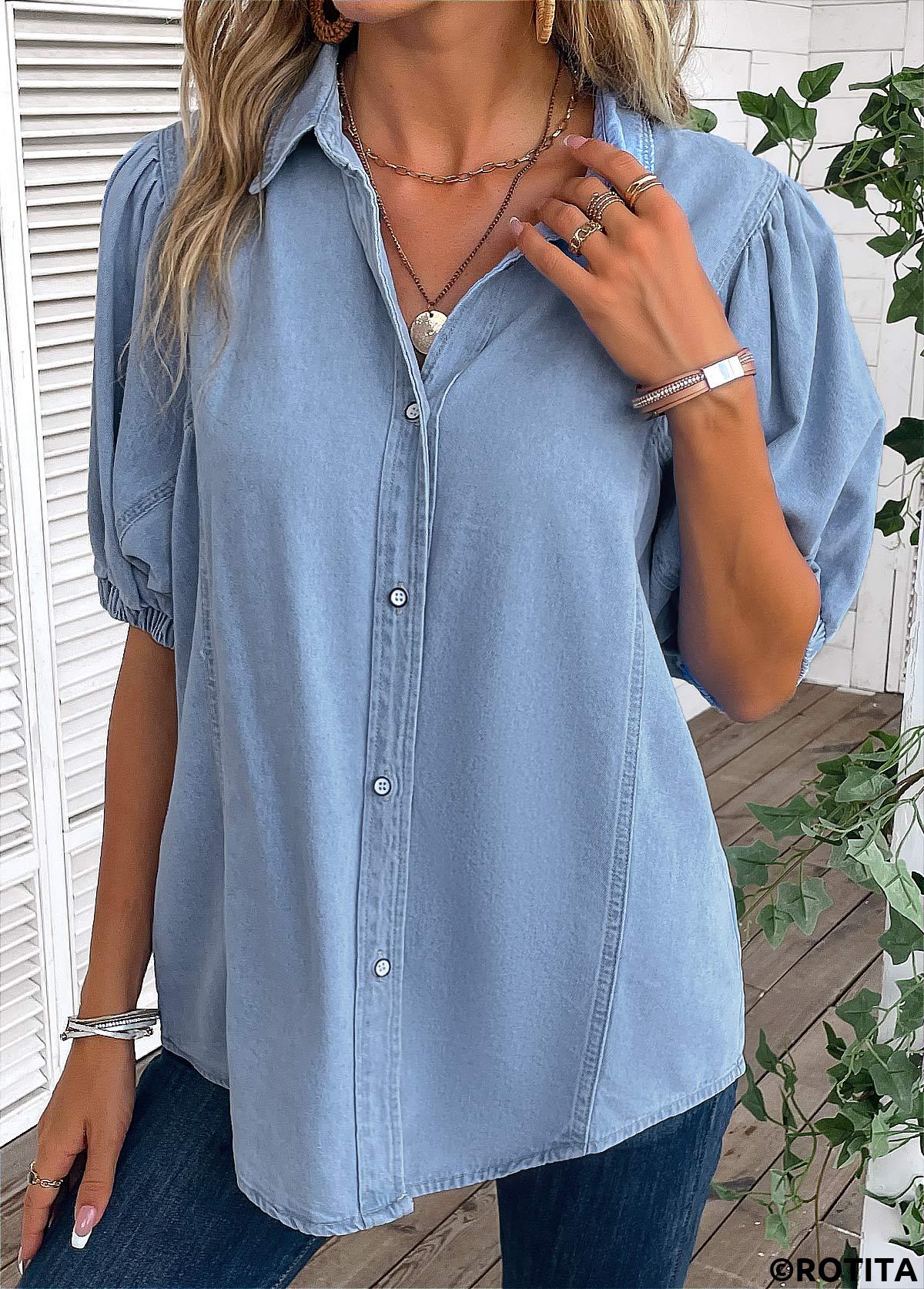 Light Blue tops,Plain Color tops,Button Light Blue Shirt Collar Half Sleeve Blouse